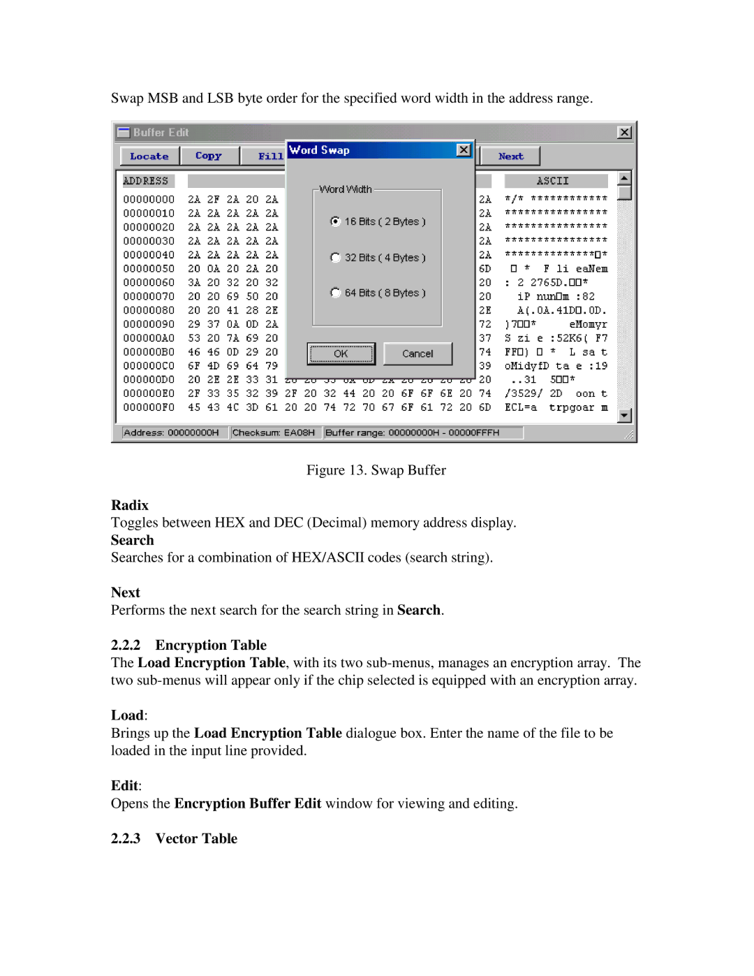 Jameco Electronics Superpro Series manual Radix, Search, Next, Encryption Table, Load, Vector Table 