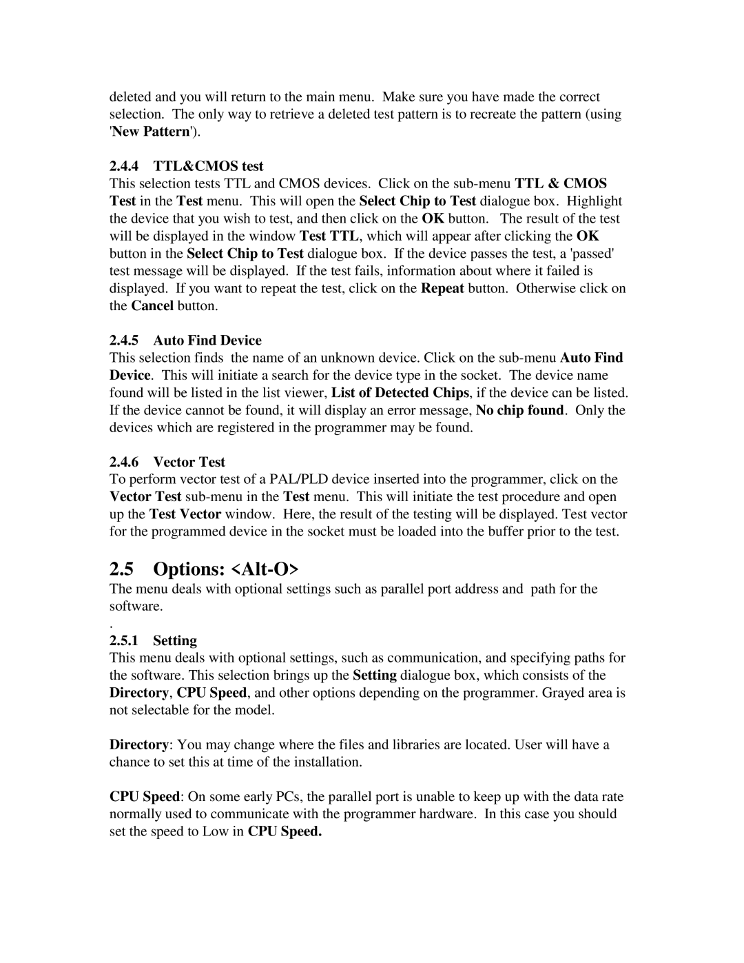 Jameco Electronics Superpro Series manual Options Alt-O, 4 TTL&CMOS test, Auto Find Device, Vector Test, Setting 