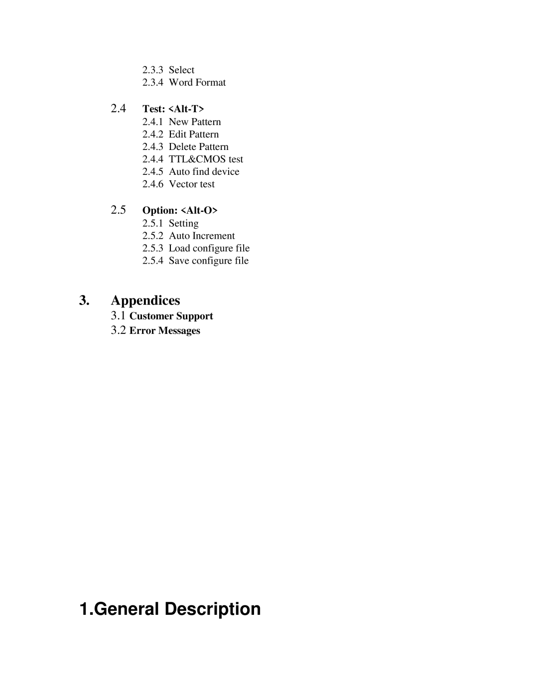 Jameco Electronics Superpro Series manual Appendices, Test Alt-T, Option Alt-O, Customer Support Error Messages 