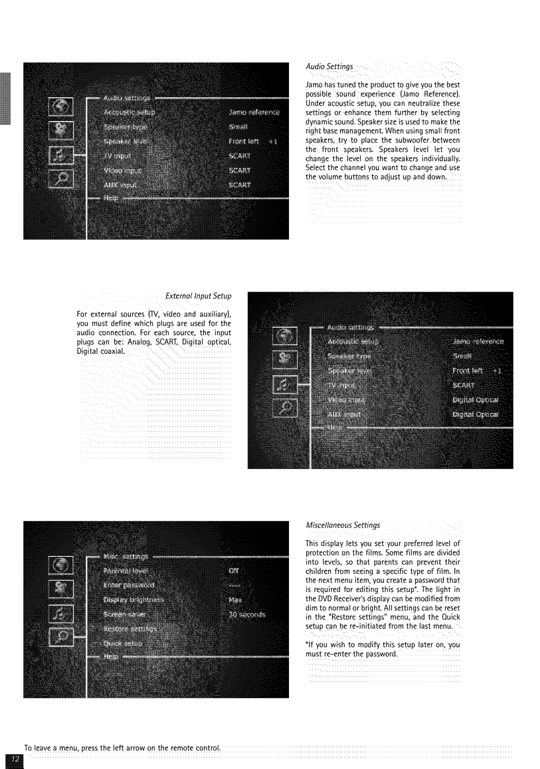 JAMO 50 manual Audio Settings, Miscellaneous Settings, External Inout Setua 