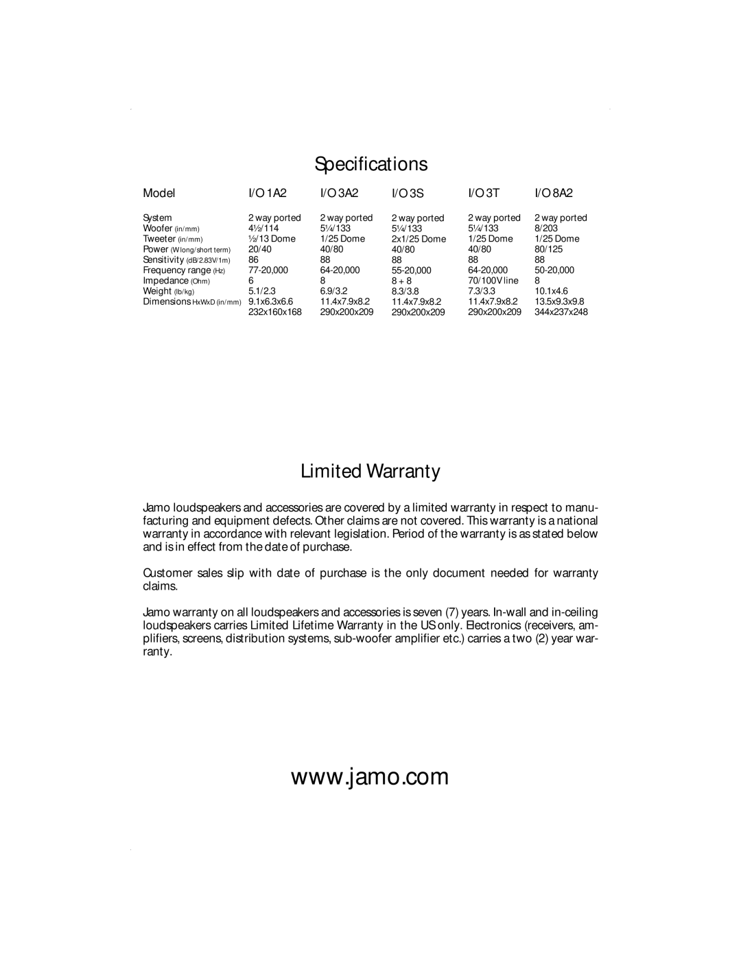 JAMO manual Specifications, Limited Warranty, Model, I/O 1A2, I/O 3A2, I/O 3S, I/O 3T, I/O 8A2 