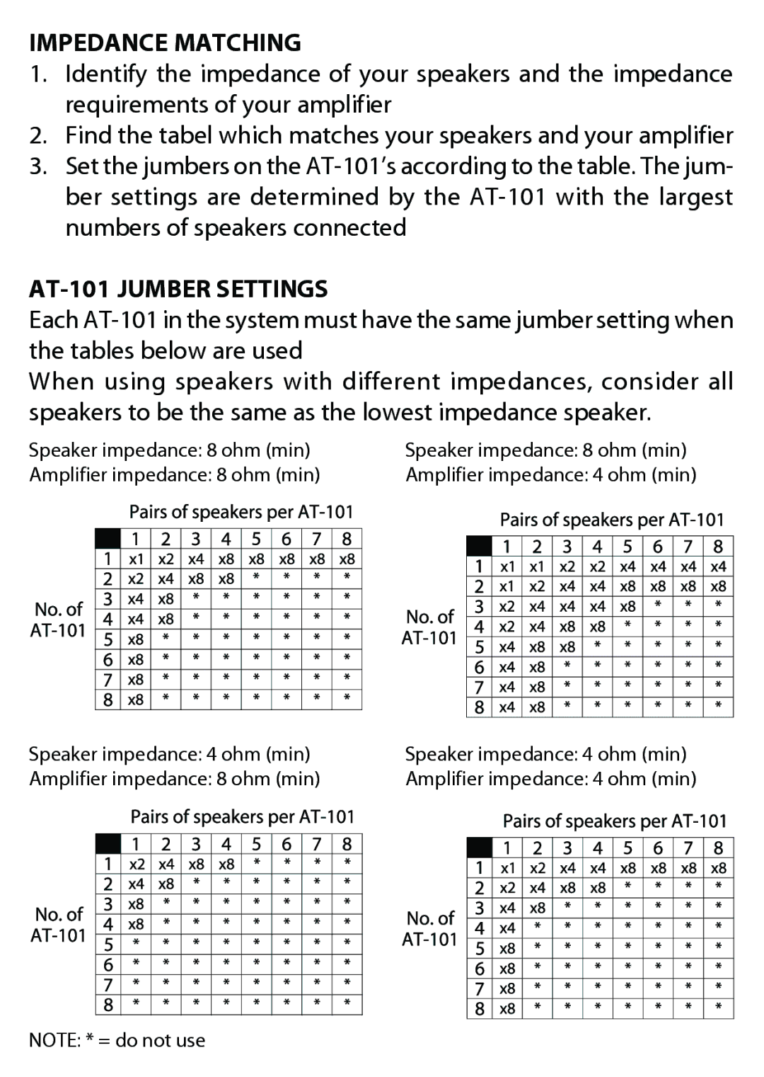 JAMO AT101 manual Impedance Matching, AT-101 Jumber Settings 