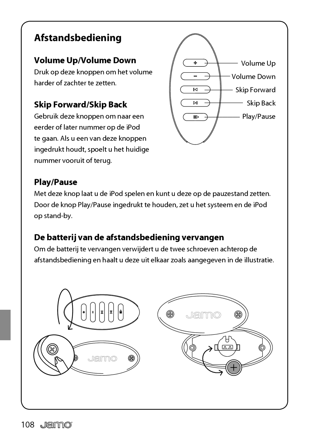 JAMO I300 manual Afstandsbediening, De batterij van de afstandsbediening vervangen 