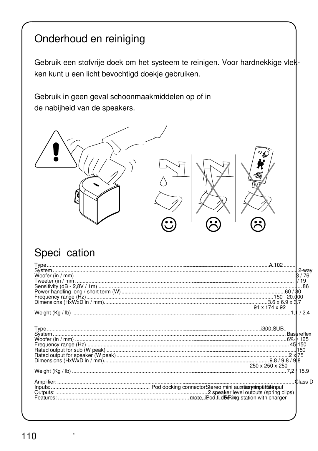 JAMO I300 manual Onderhoud en reiniging, Speciﬁcation 