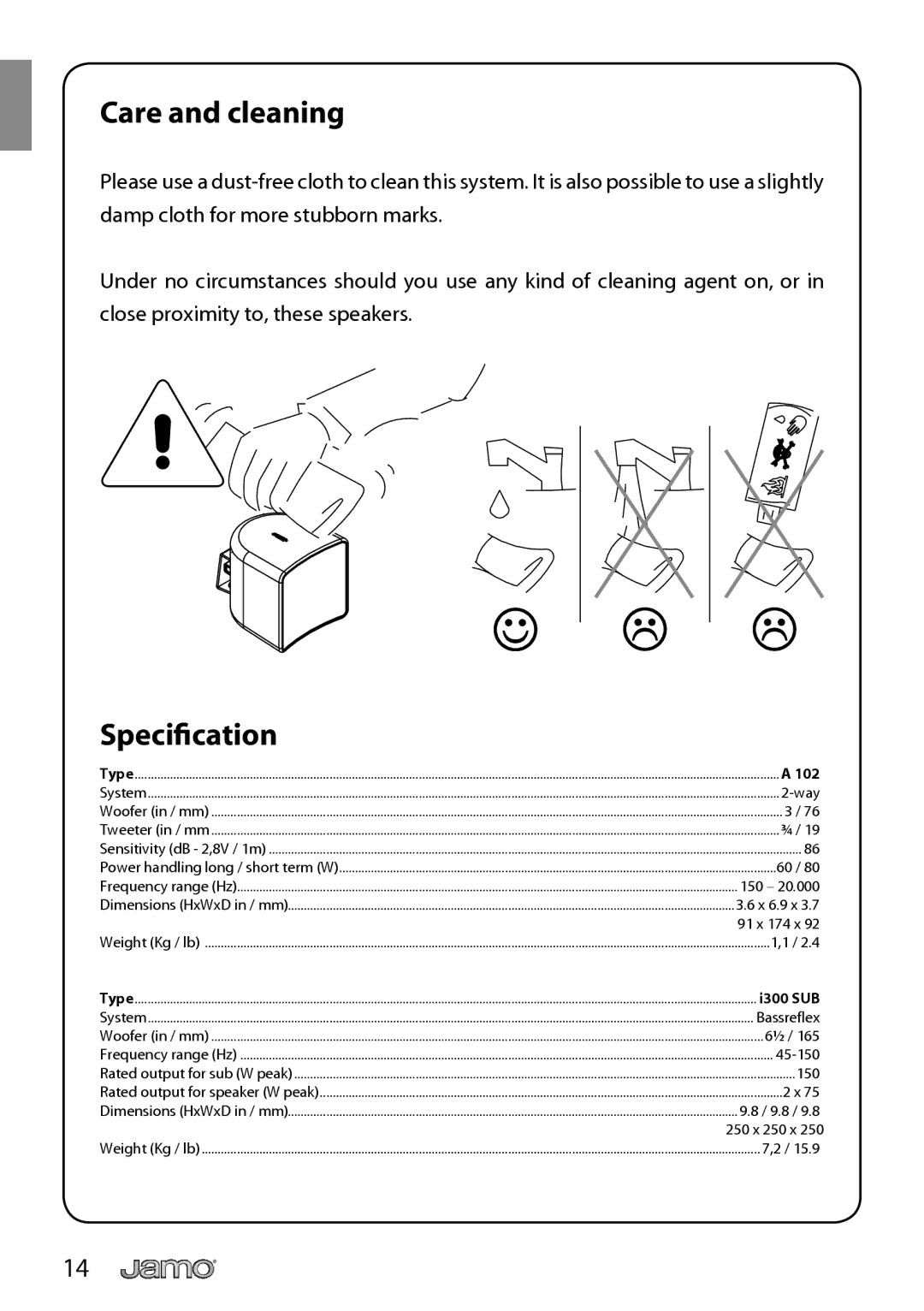 JAMO I300 manual Care and cleaning, Speciﬁcation 