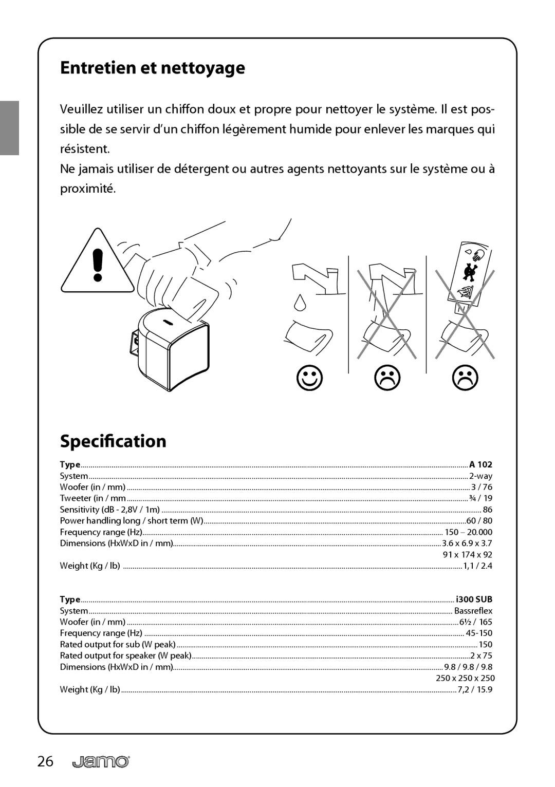 JAMO I300 manual Entretien et nettoyage, Speciﬁcation 