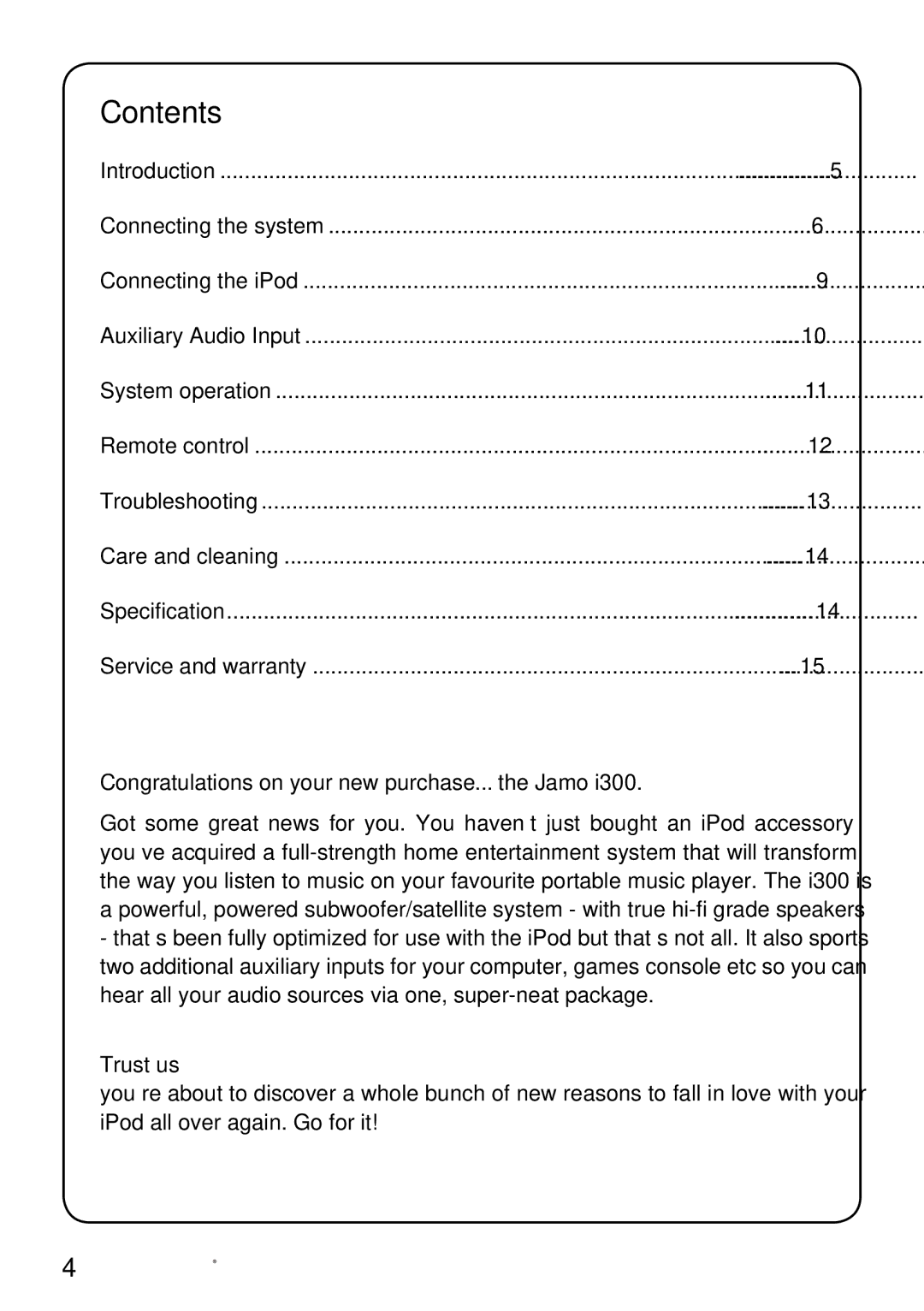 JAMO I300 manual Contents 