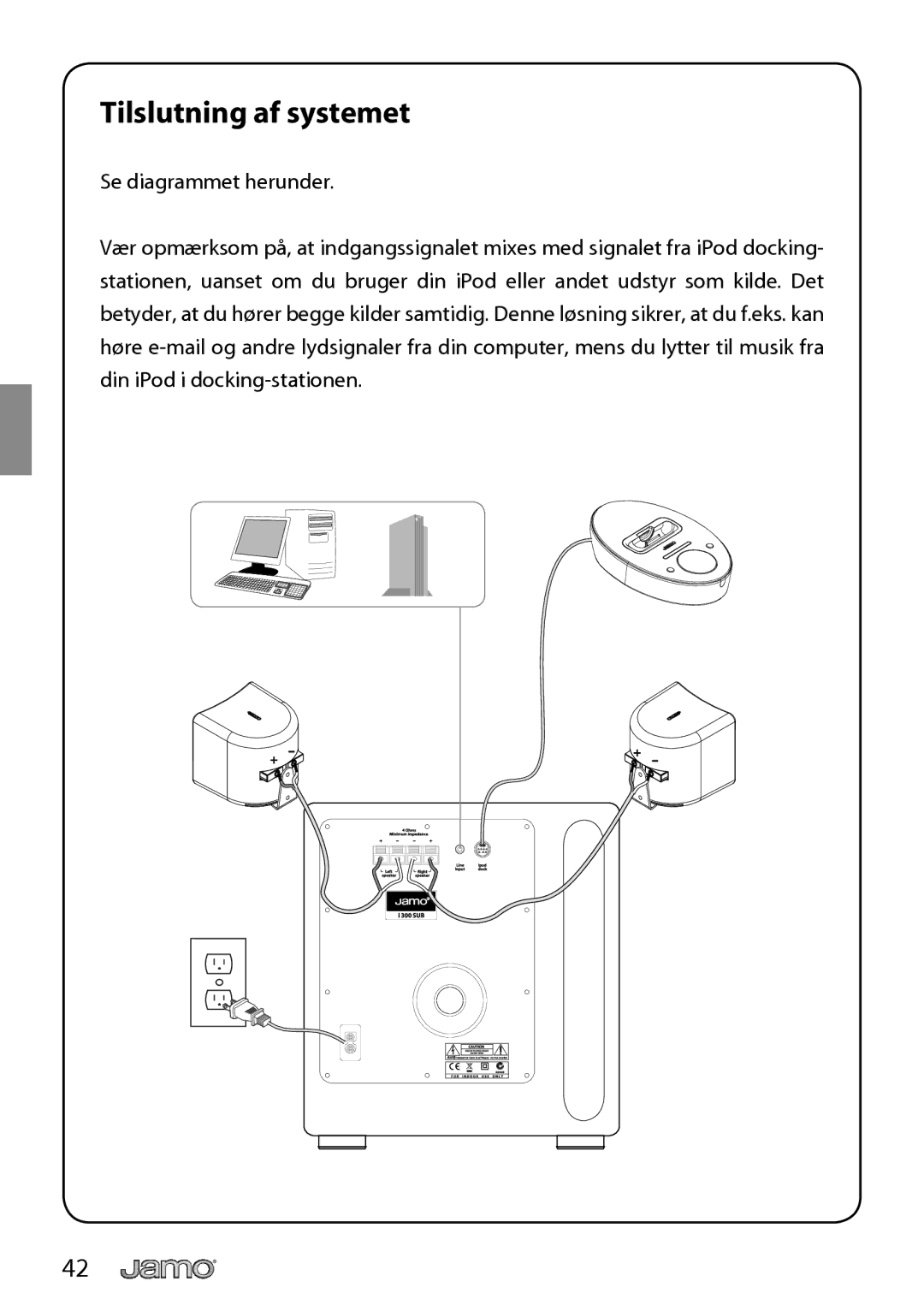 JAMO I300 manual Tilslutning af systemet 