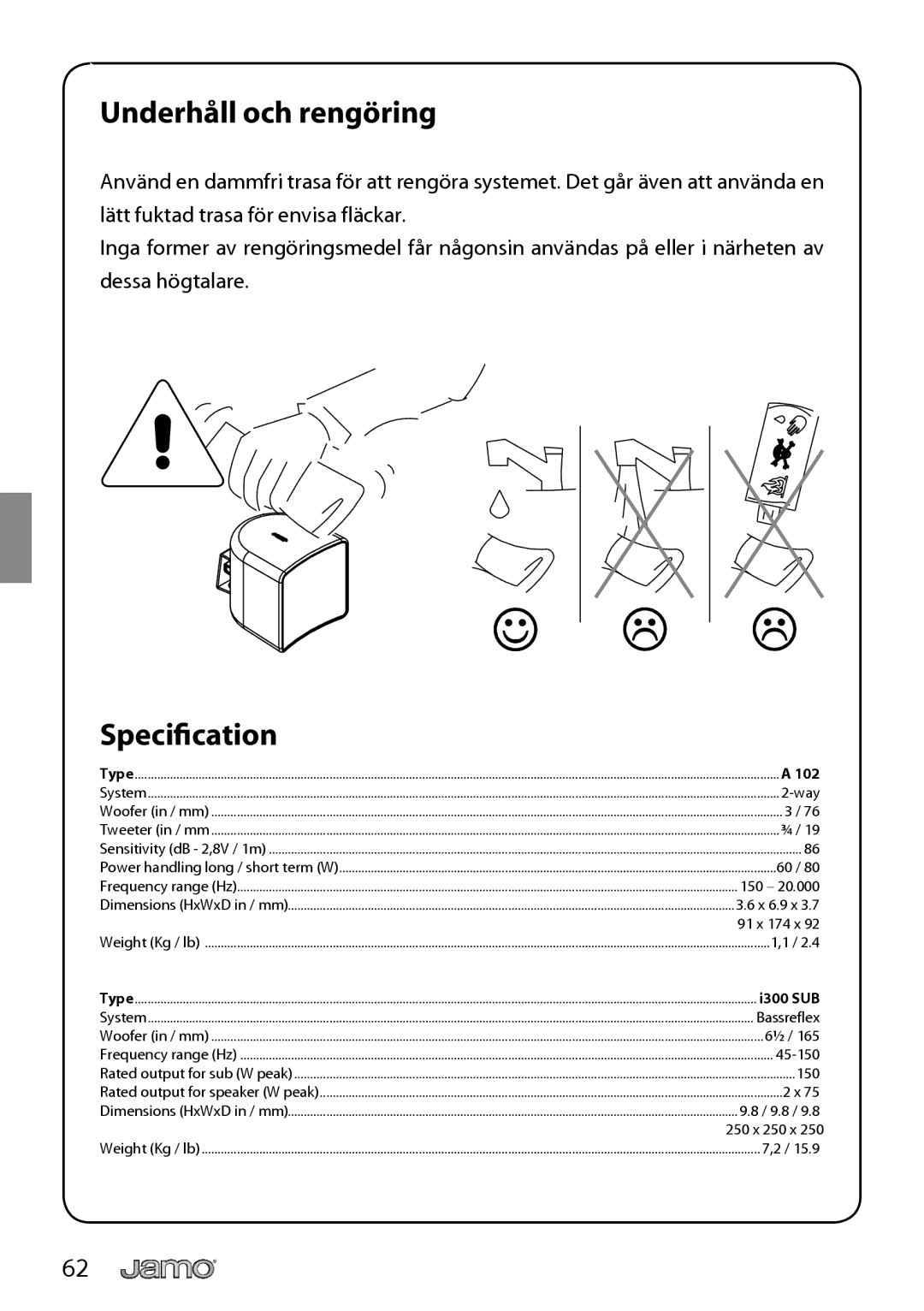 JAMO I300 manual Underhåll och rengöring, Speciﬁcation 