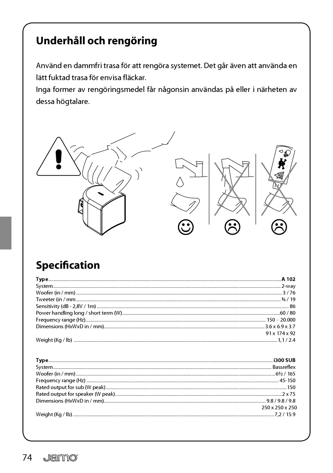 JAMO I300 manual Underhåll och rengöring 