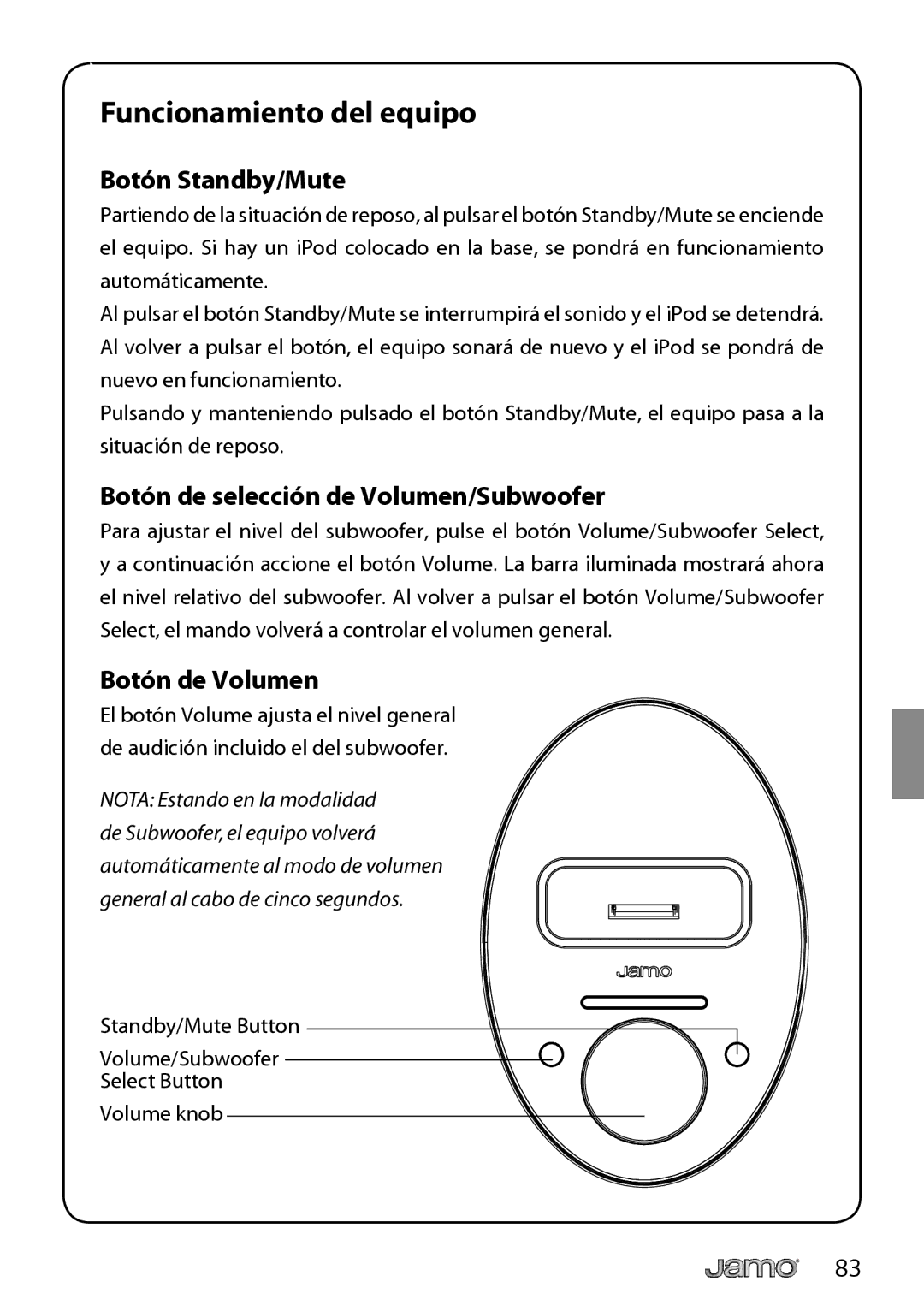 JAMO I300 manual Funcionamiento del equipo, Botón Standby/Mute, Botón de selección de Volumen/Subwoofer, Botón de Volumen 