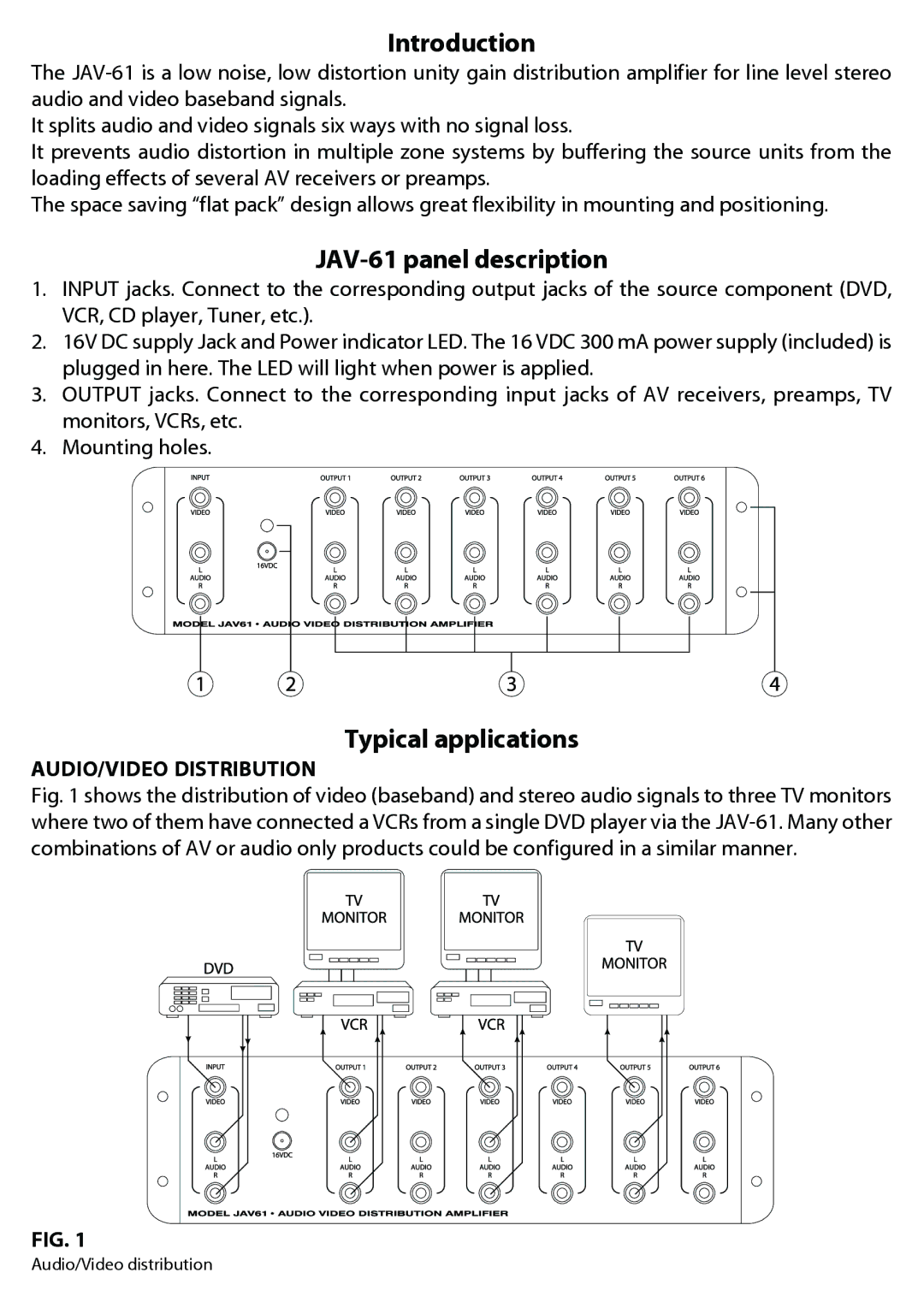 JAMO manual Introduction, JAV-61 panel description, Typical applications, AUDIO/VIDEO Distribution 