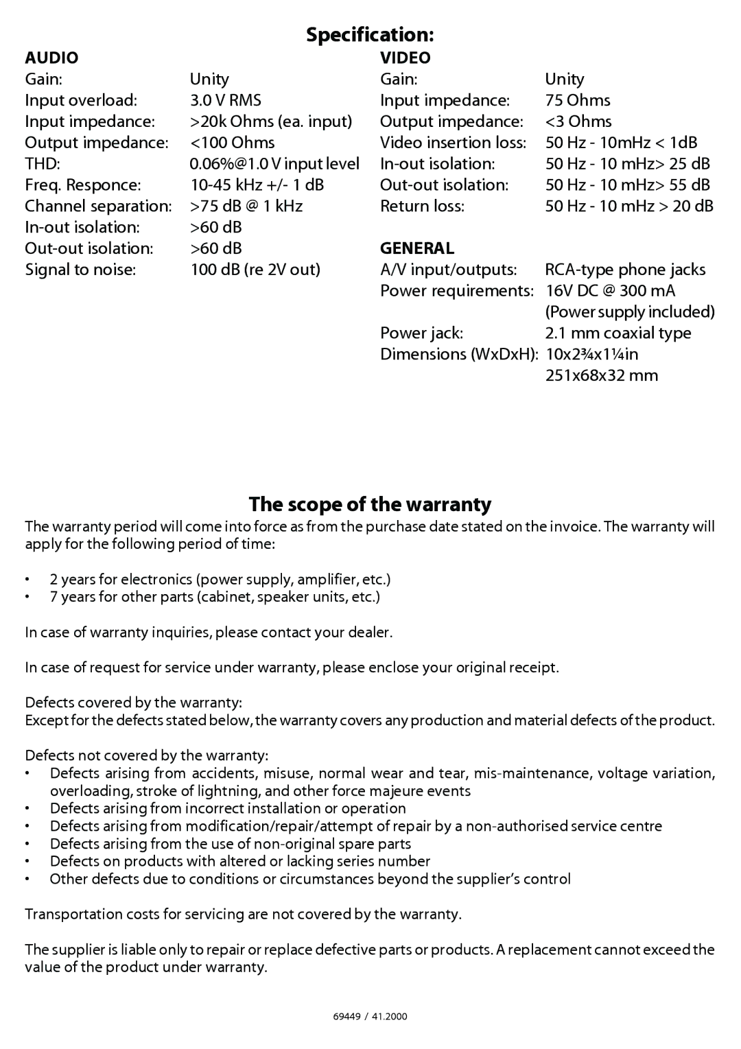 JAMO JAV-61 manual Specification, Scope of the warranty, Audio Video, General 