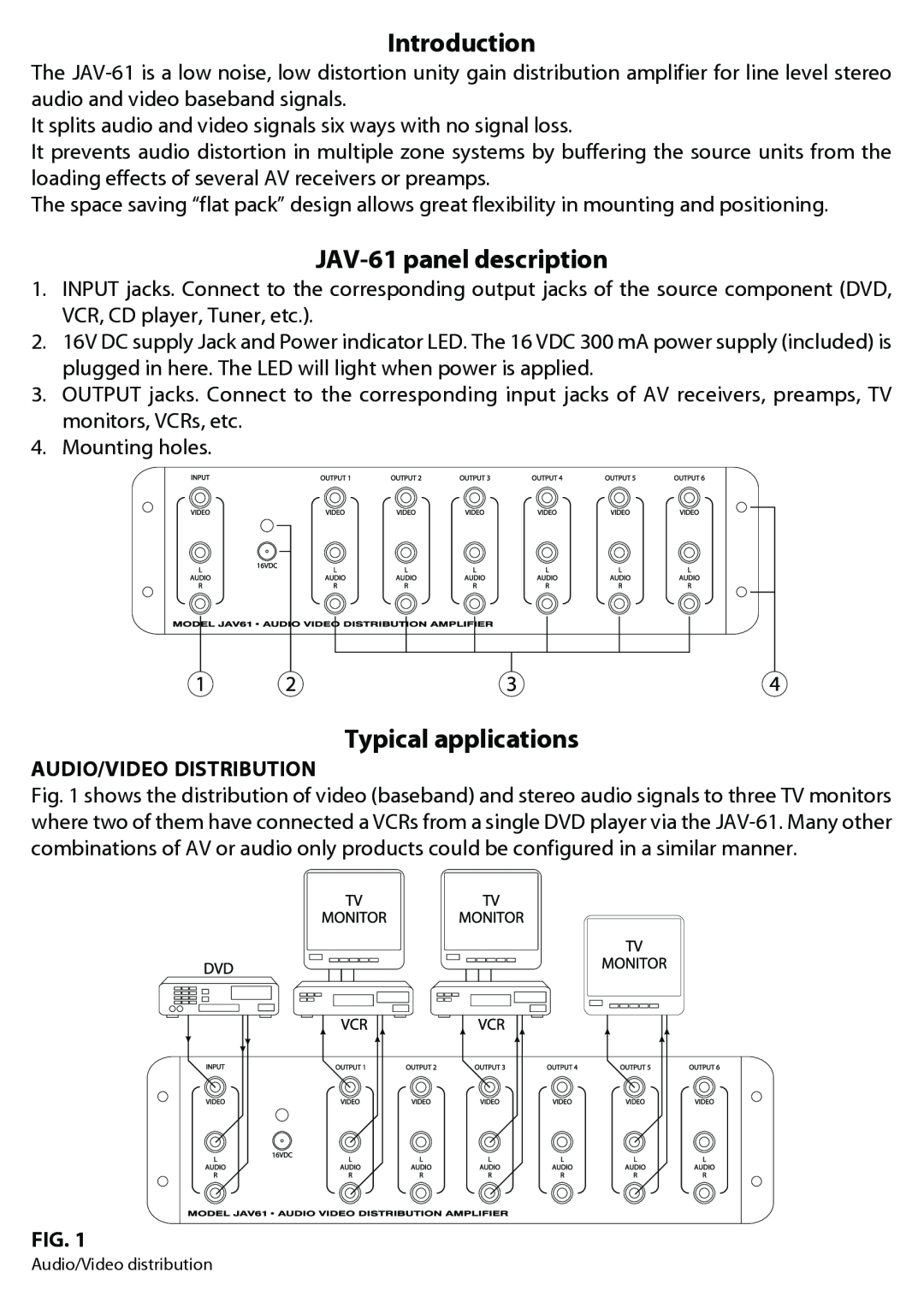 JAMO manual Introduction, JAV-61panel description, Typical applications, Audio/Video Distribution 