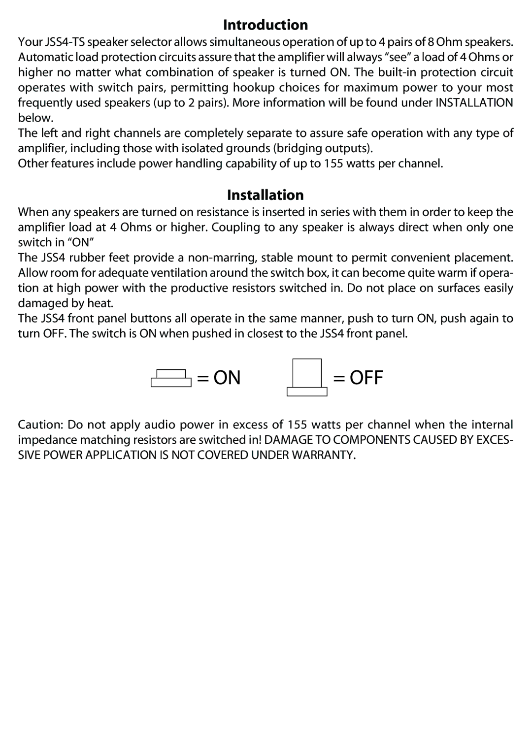 JAMO JSS4-TS manual Introduction, Installation 