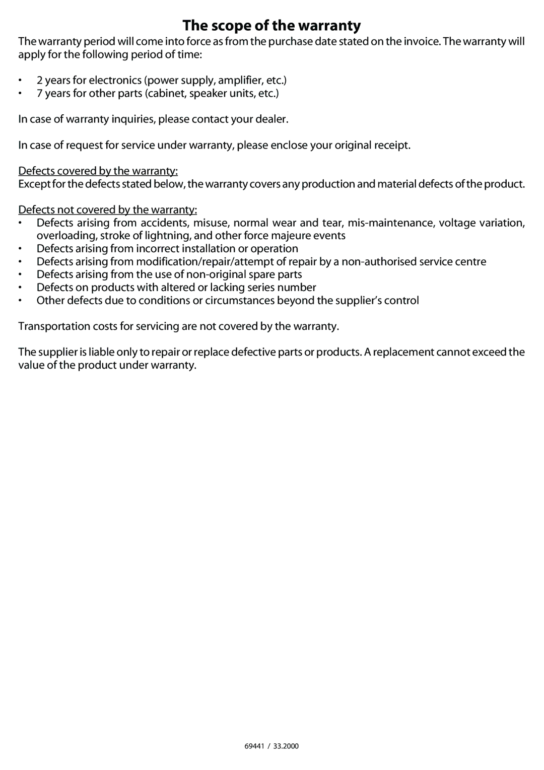 JAMO JSS4-TS manual Scope of the warranty 