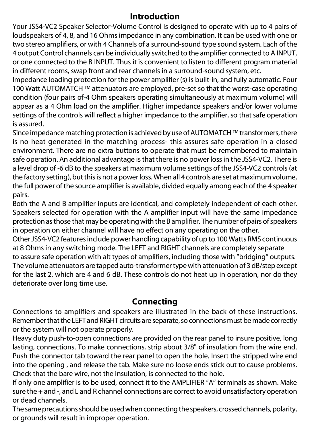 JAMO JSS4-VC2 manual Introduction, Connecting 