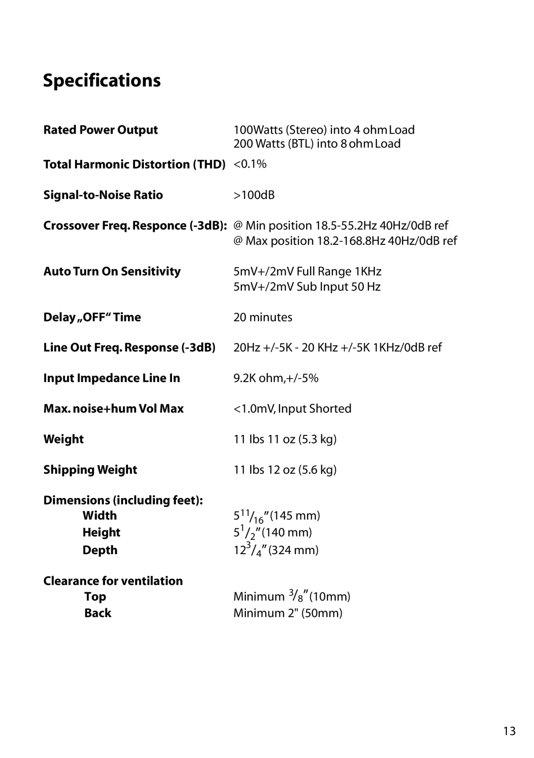 JAMO MPA-201 manual Specifications, Signal-to-Noise Ratio 100dB 