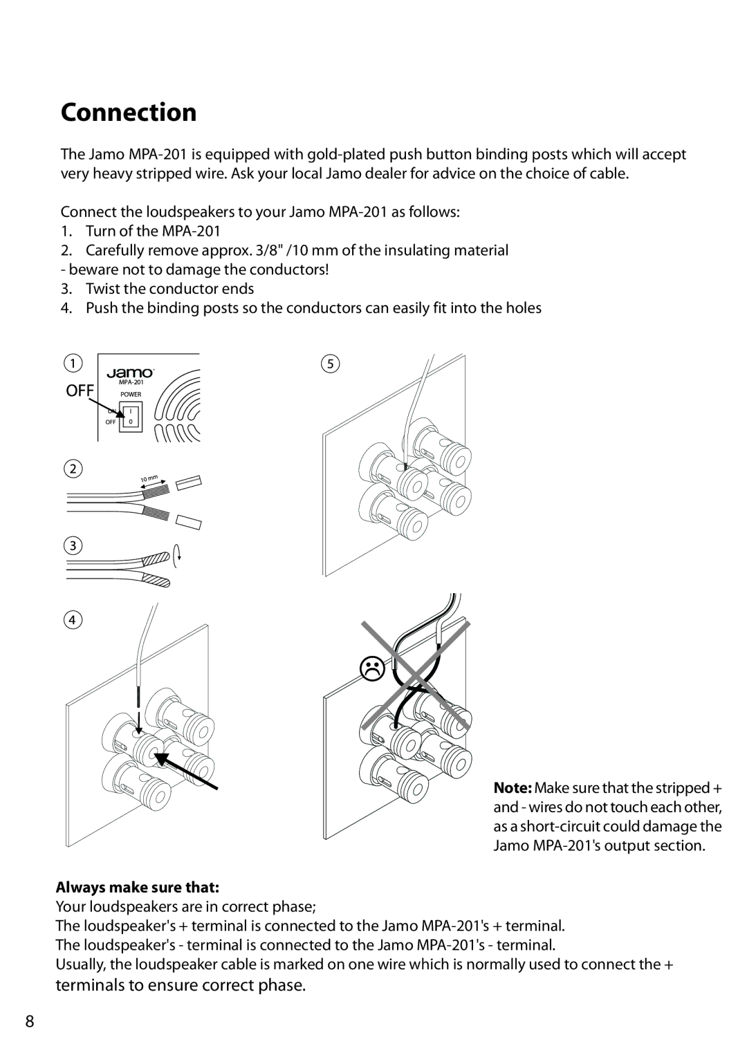 JAMO MPA-201 manual Connection, Always make sure that 