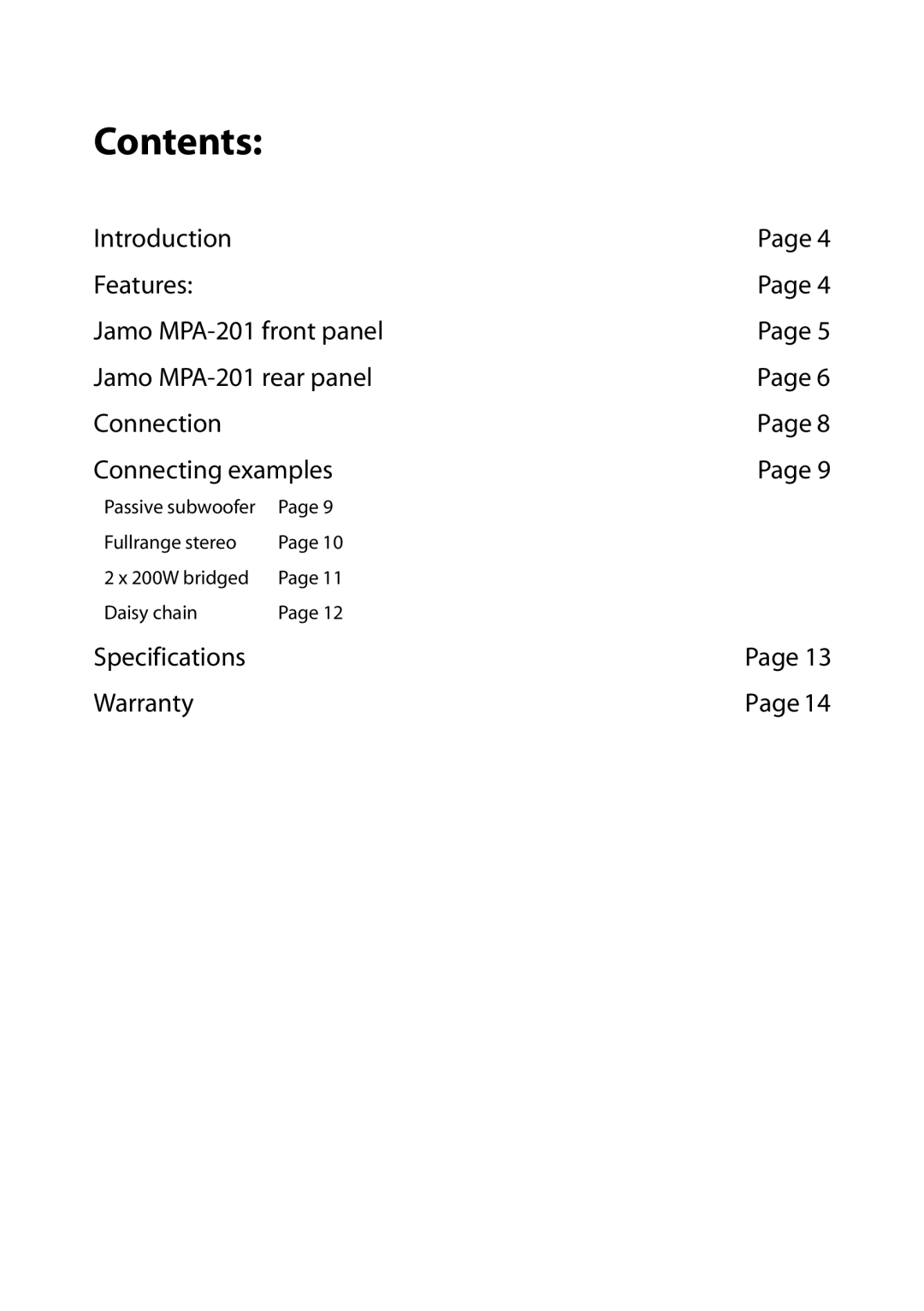 JAMO MPA-201 manual Contents 