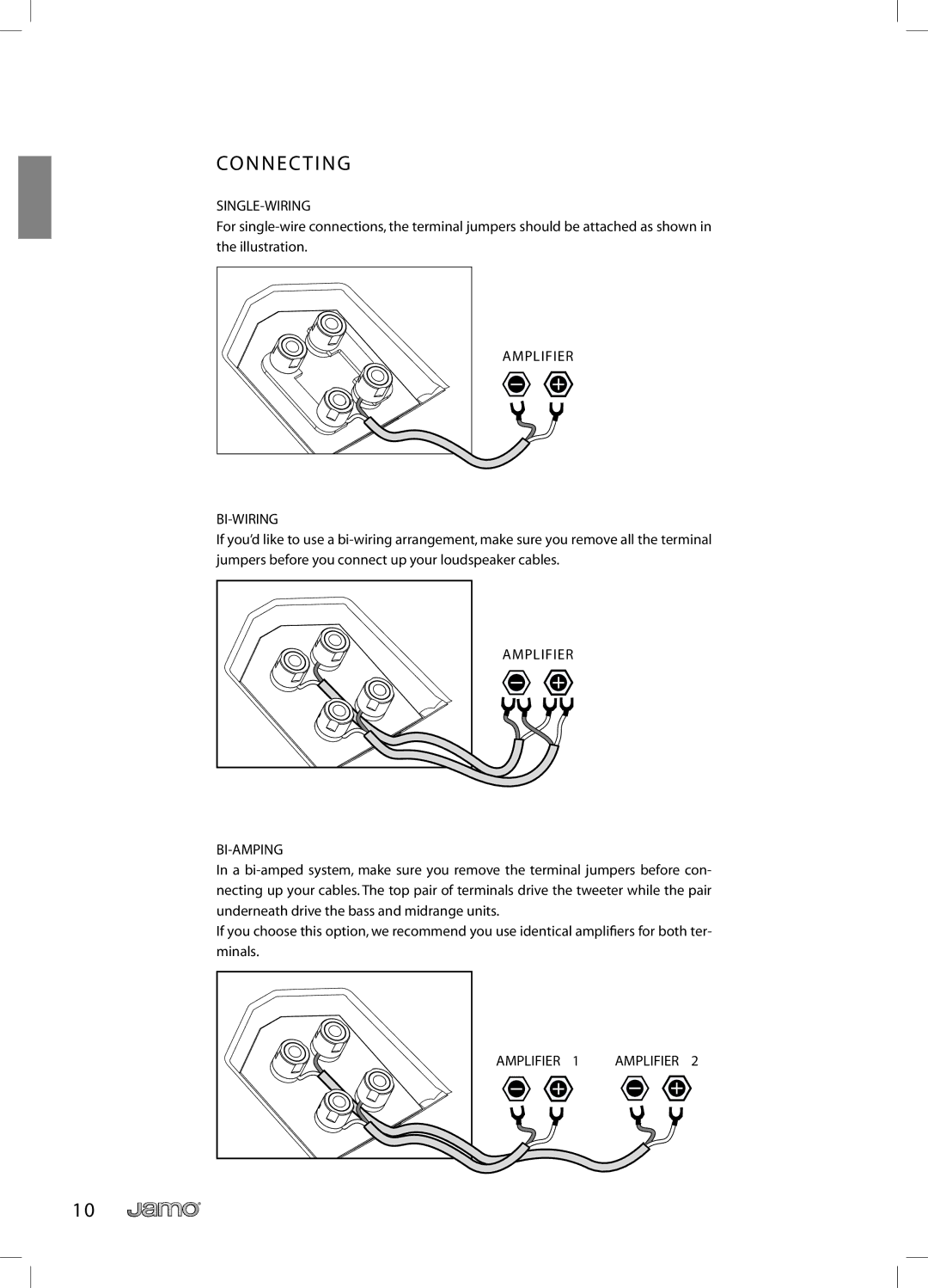 JAMO R 907 owner manual Co N N E C T I N G, Single-Wiring, Amplifier BI-WIRING, Amplifier BI-AMPING 