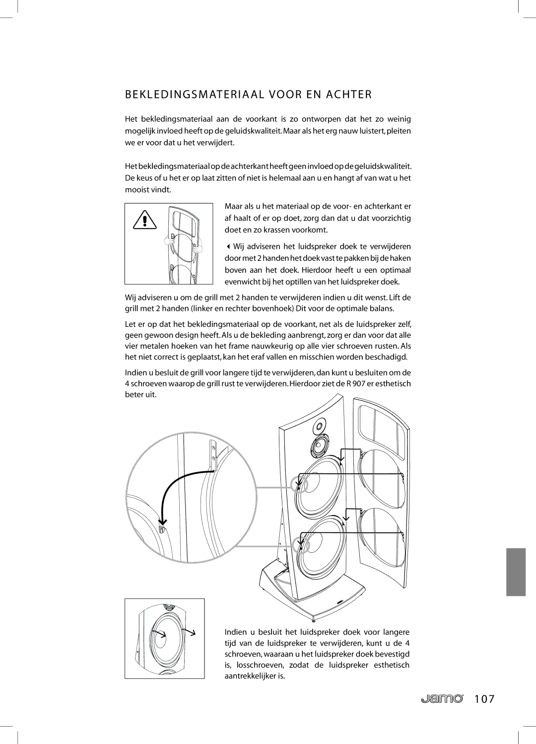 JAMO R 907 owner manual Bekledingsmateriaal Voor EN Achter 