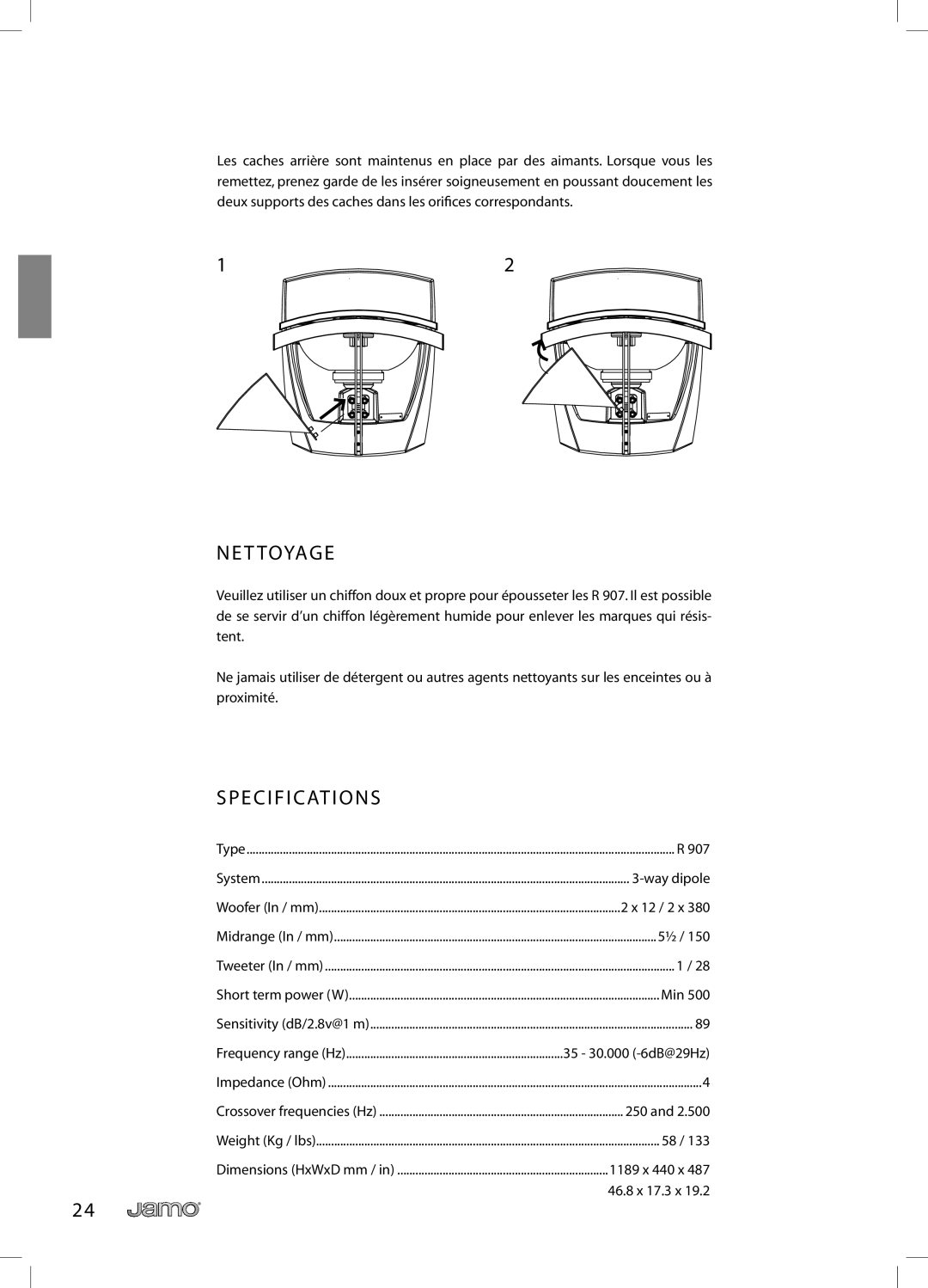 JAMO R 907 owner manual T Toyag E, Specifications 