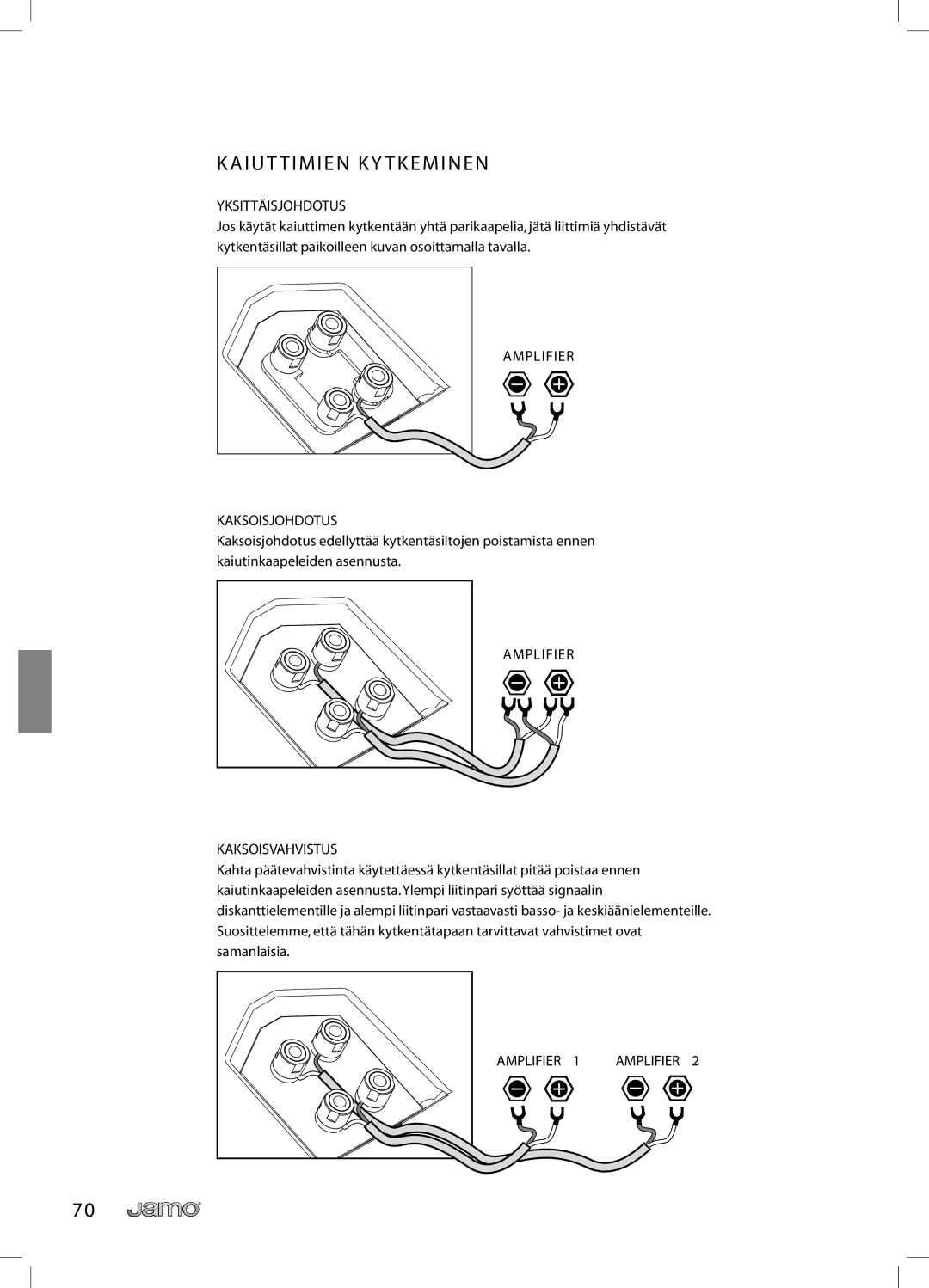 JAMO R 907 owner manual Kaiut Timien KY Tkeminen, Yksittäisjohdotus, Amplifier Kaksoisjohdotus, Amplifier Kaksoisvahvistus 