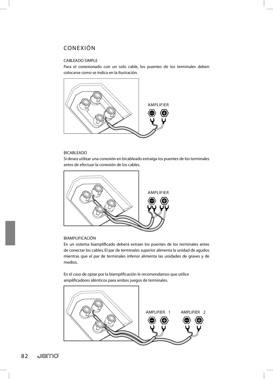 JAMO R 907 owner manual Co N E X I Ó N, Cableado Simple, Amplifier Bicableado, Amplifier Biamplificación 