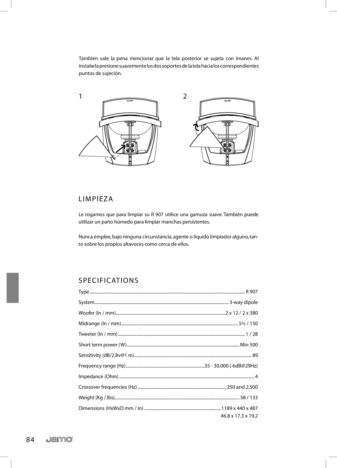 JAMO R 907 owner manual M P I E Z a, Specifications 