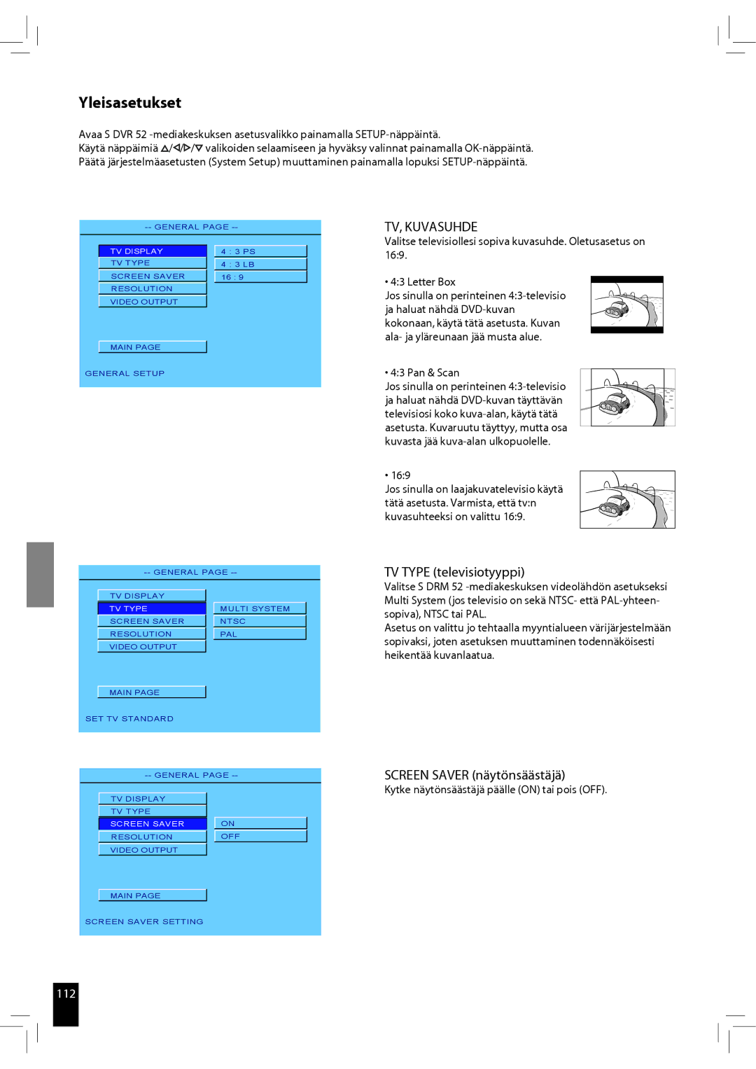 JAMO S 502 manual Yleisasetukset, TV, Kuvasuhde, TV Type televisiotyyppi, Screen Saver näytönsäästäjä 