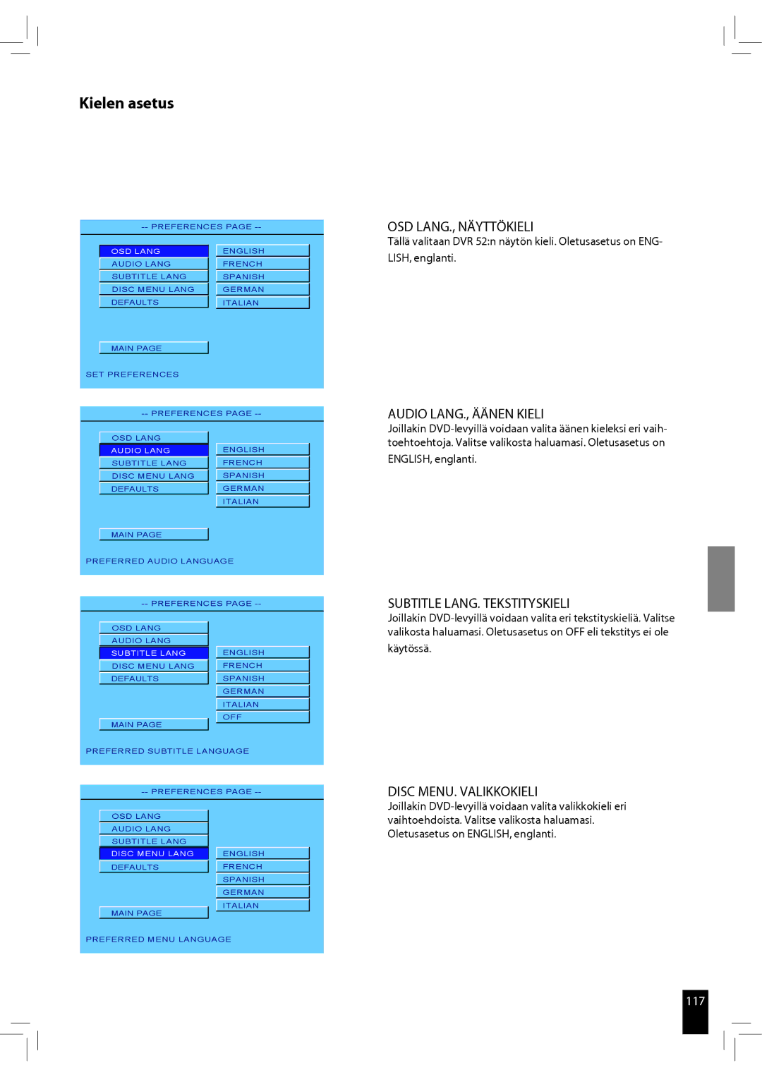 JAMO S 502 manual Kielen asetus, OSD LANG., Näyttökieli, Audio LANG., Äänen Kieli, Subtitle LANG. Tekstityskieli 