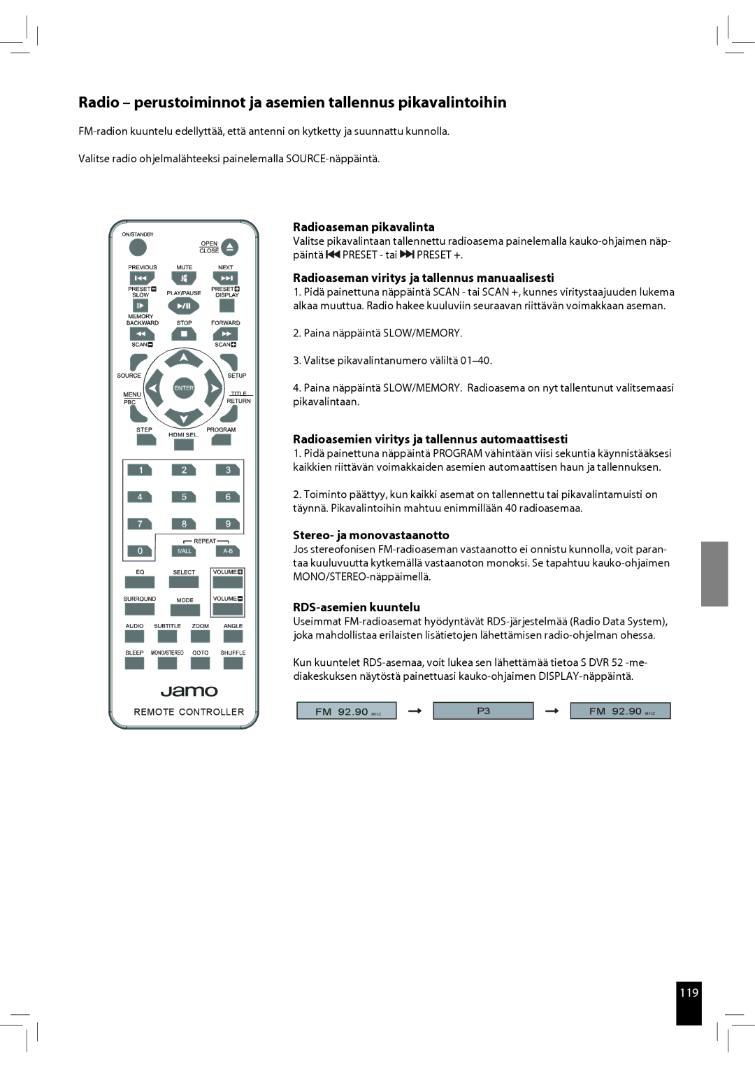 JAMO S 502 manual Radio perustoiminnot ja asemien tallennus pikavalintoihin, Radioaseman pikavalinta 