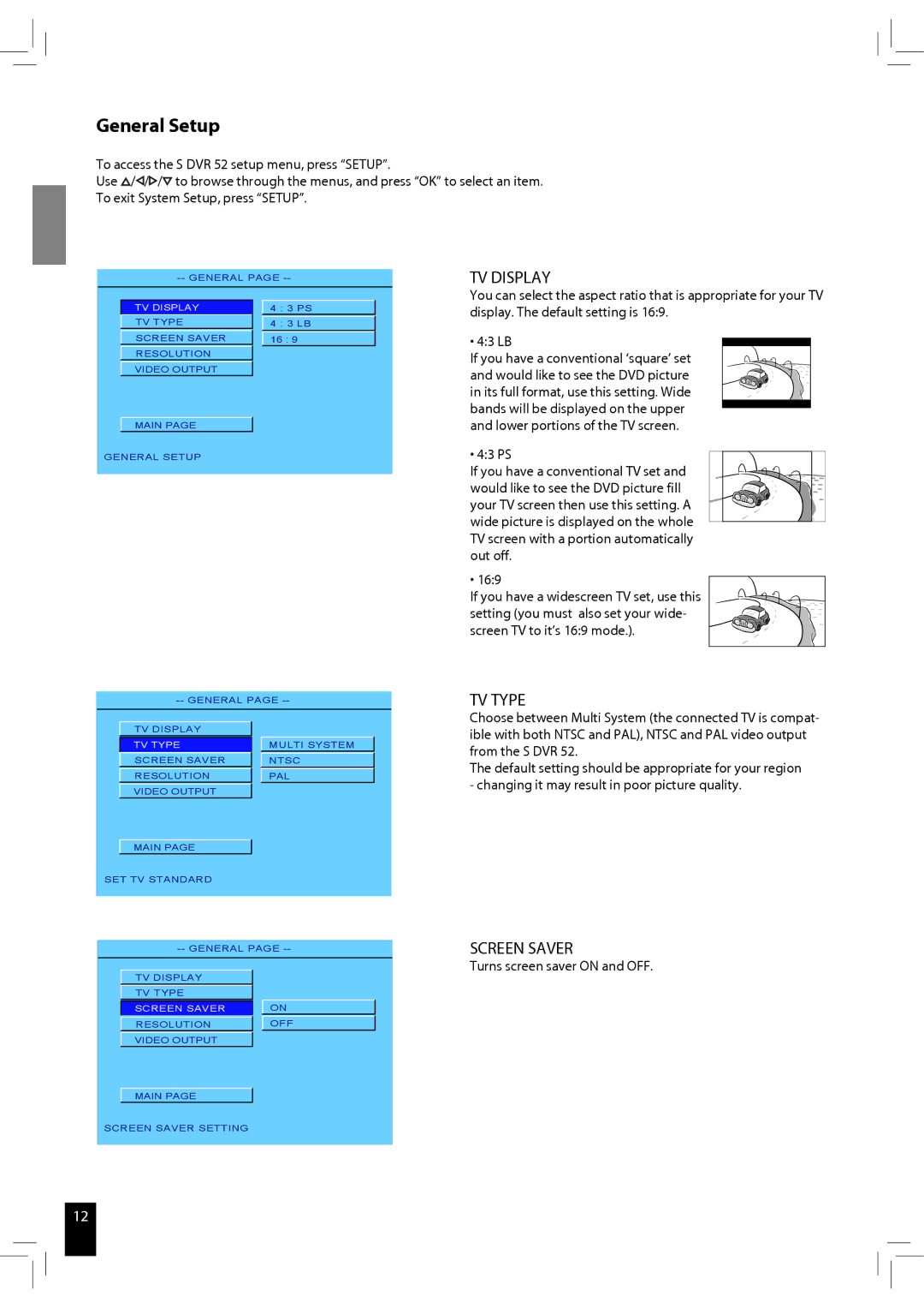 JAMO S 502 manual General Setup, TV Display, TV Type, Screen Saver 