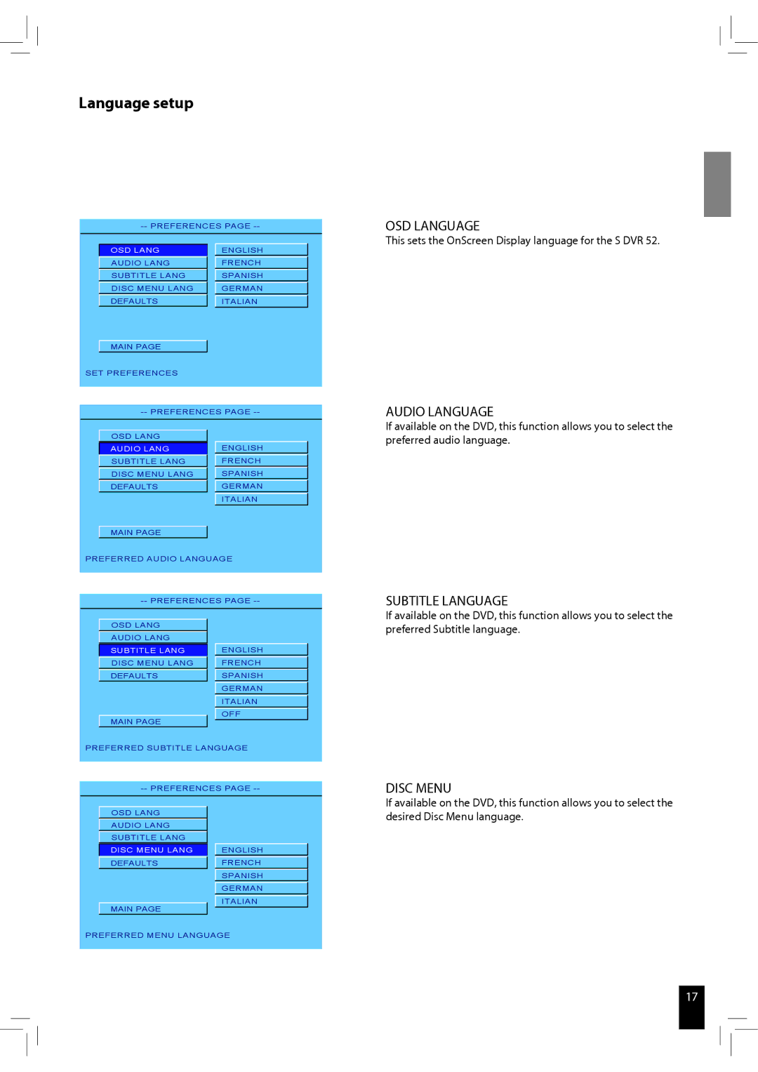 JAMO S 502 manual Language setup, OSD Language, Audio Language, Subtitle Language, Disc Menu 