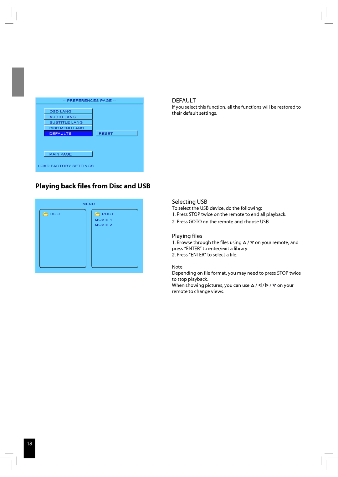 JAMO S 502 manual Playing back files from Disc and USB, Default, Selecting USB, Playing files 