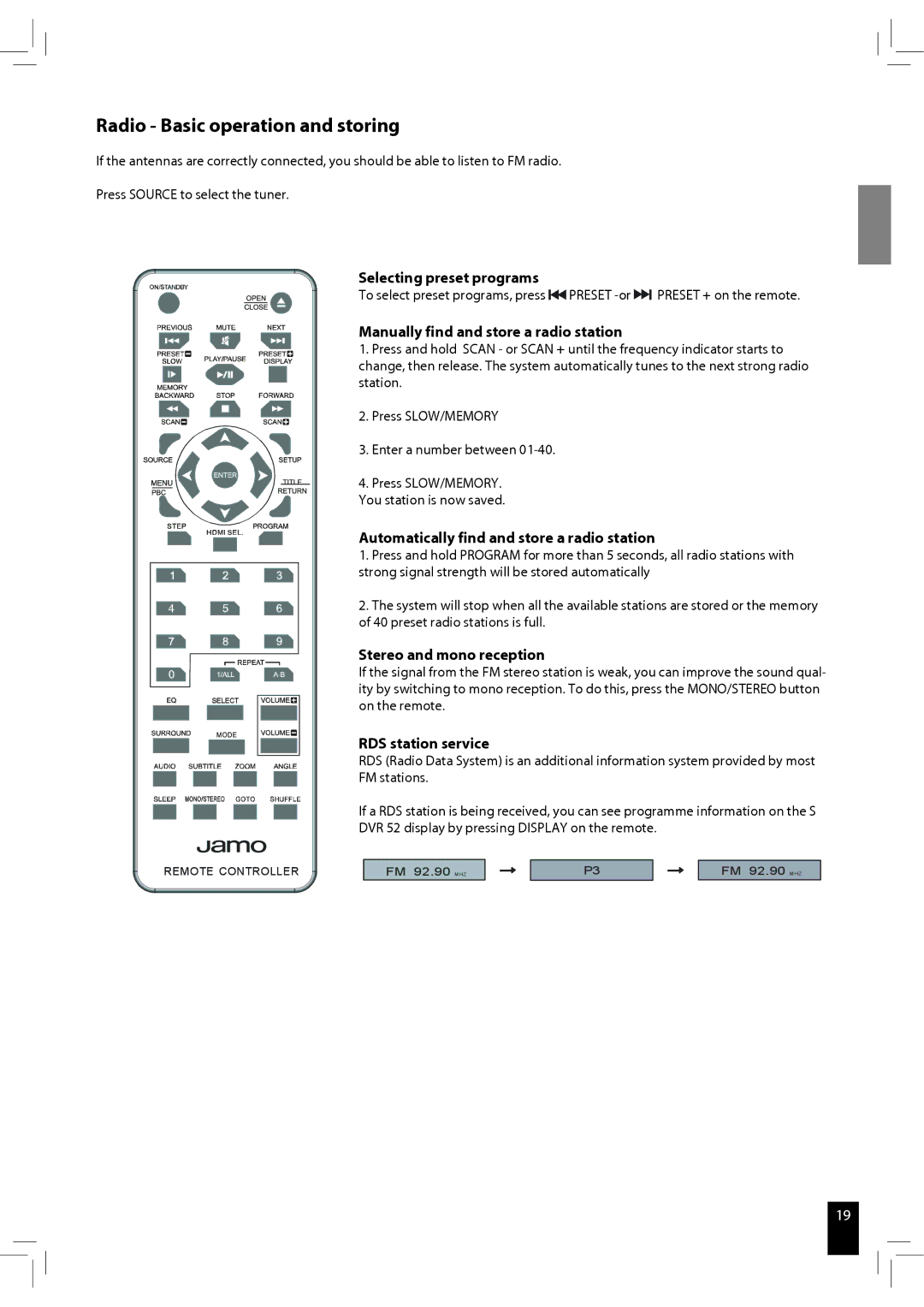 JAMO S 502 manual Radio Basic operation and storing, Manually find and store a radio station 