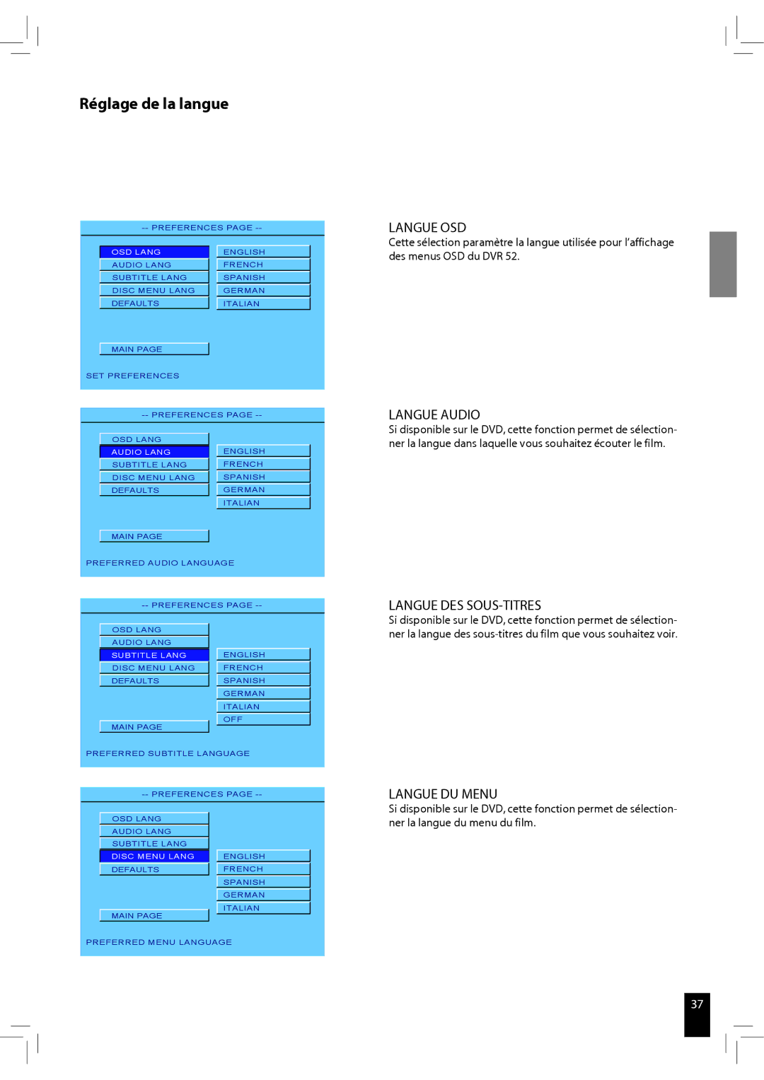 JAMO S 502 manual Réglage de la langue, Langue OSD, Langue Audio, Langue DES SOUS-TITRES, Langue DU Menu 