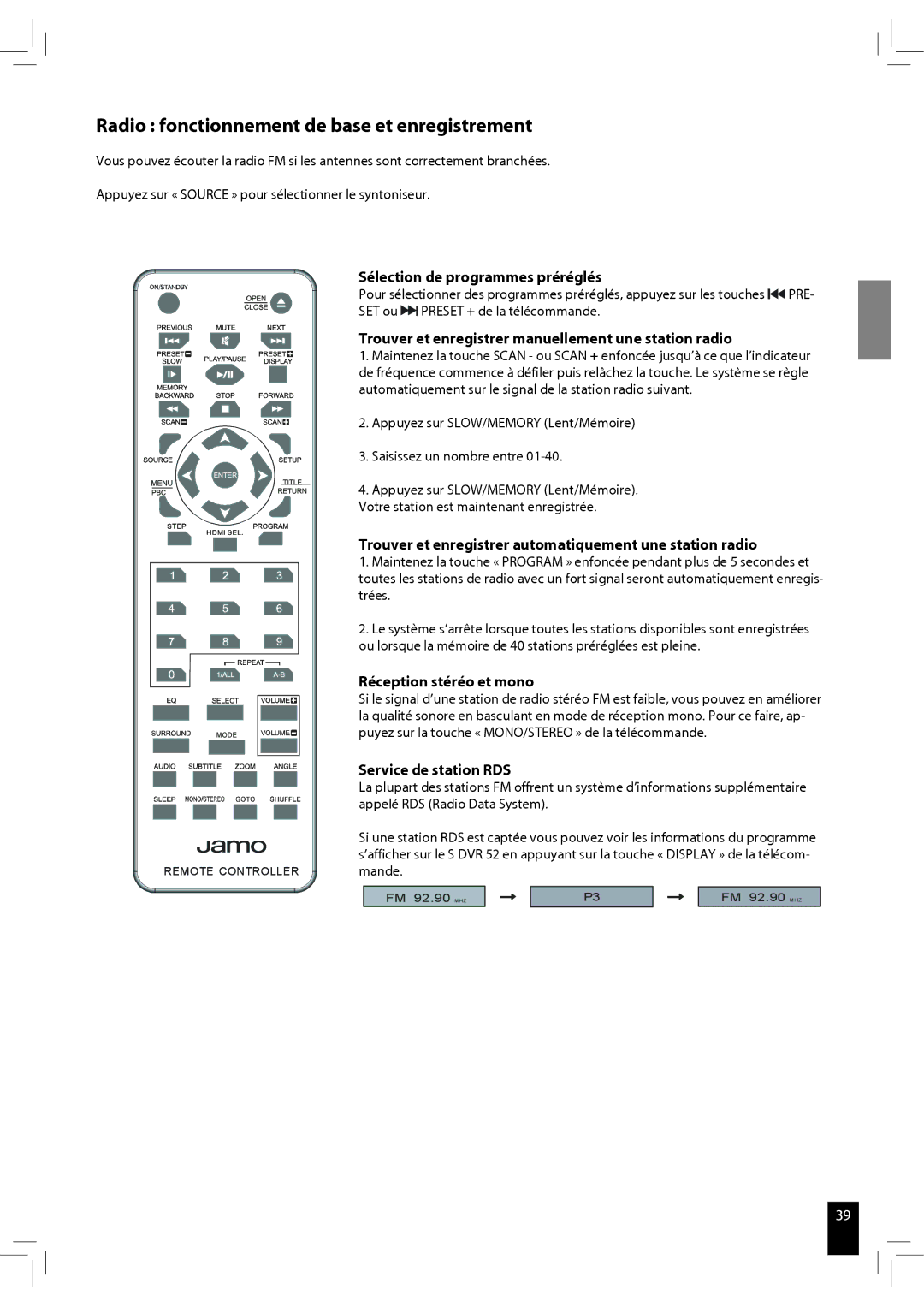 JAMO S 502 manual Radio fonctionnement de base et enregistrement, Sélection de programmes préréglés 