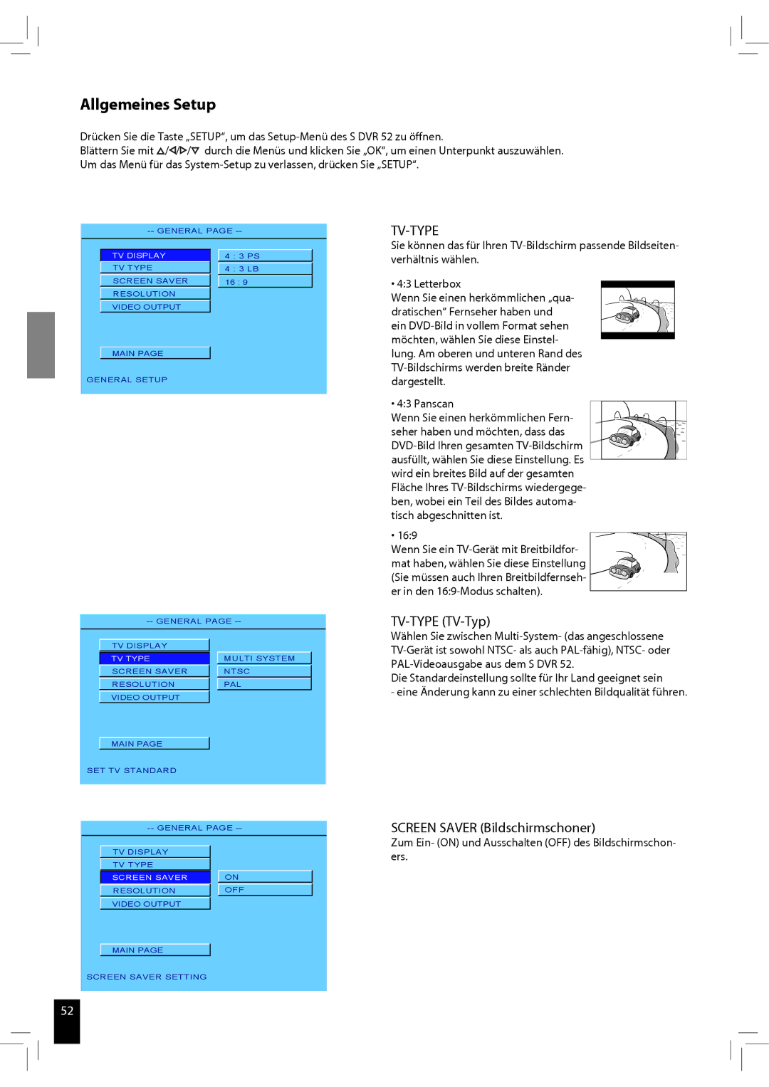 JAMO S 502 manual Allgemeines Setup, Tv-Type, TV-TYPE TV-Typ, Screen Saver Bildschirmschoner 