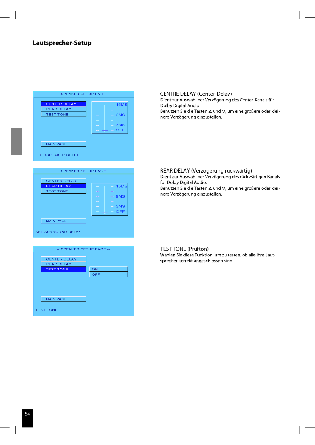 JAMO S 502 manual Lautsprecher-Setup, Centre Delay Center-Delay, Rear Delay Verzögerung rückwärtig, Test Tone Prüfton 