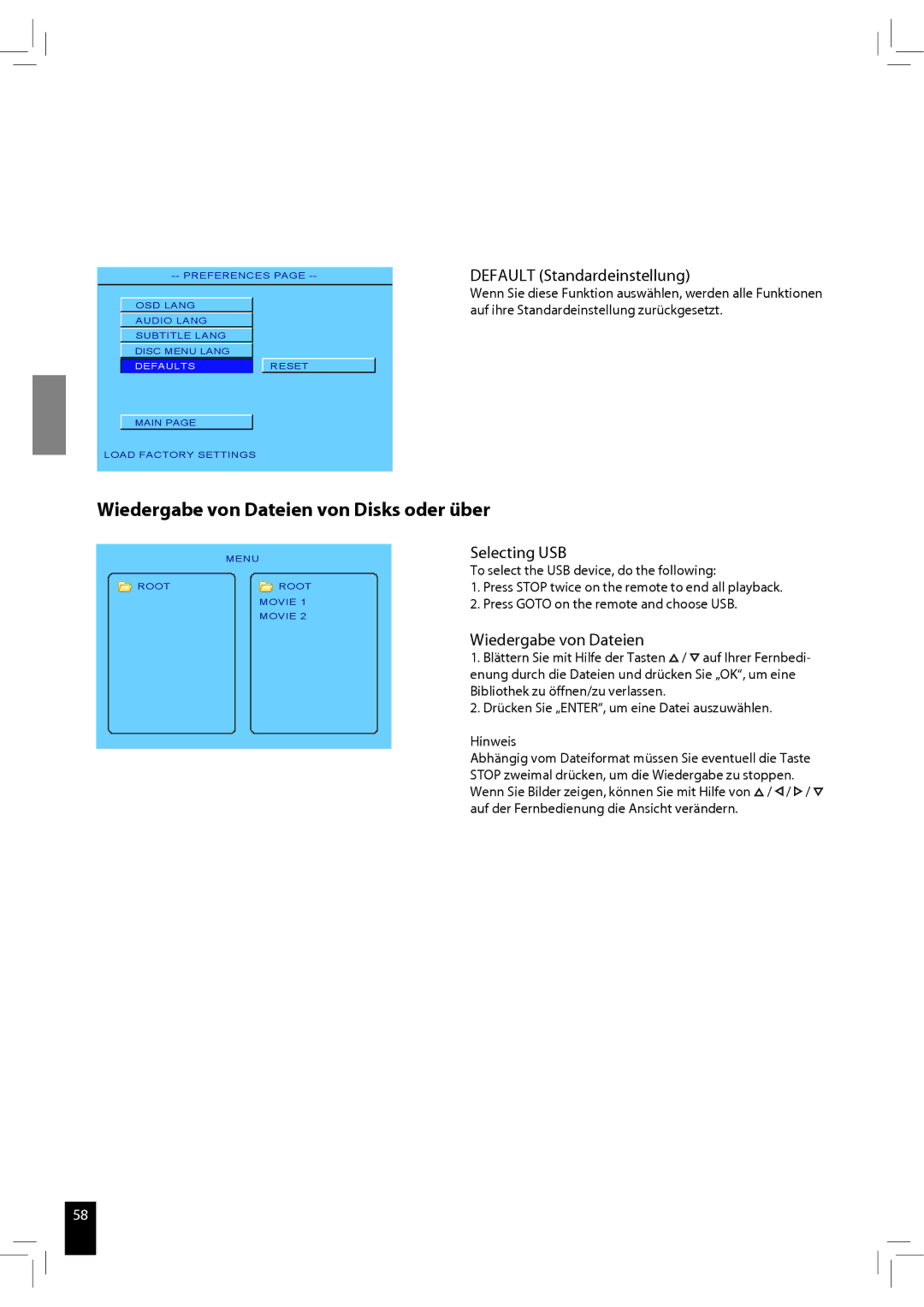 JAMO S 502 manual Wiedergabe von Dateien von Disks oder über 