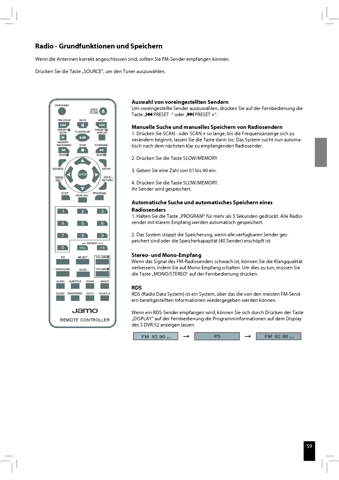 JAMO S 502 manual Radio Grundfunktionen und Speichern, Auswahl von voreingestellten Sendern 