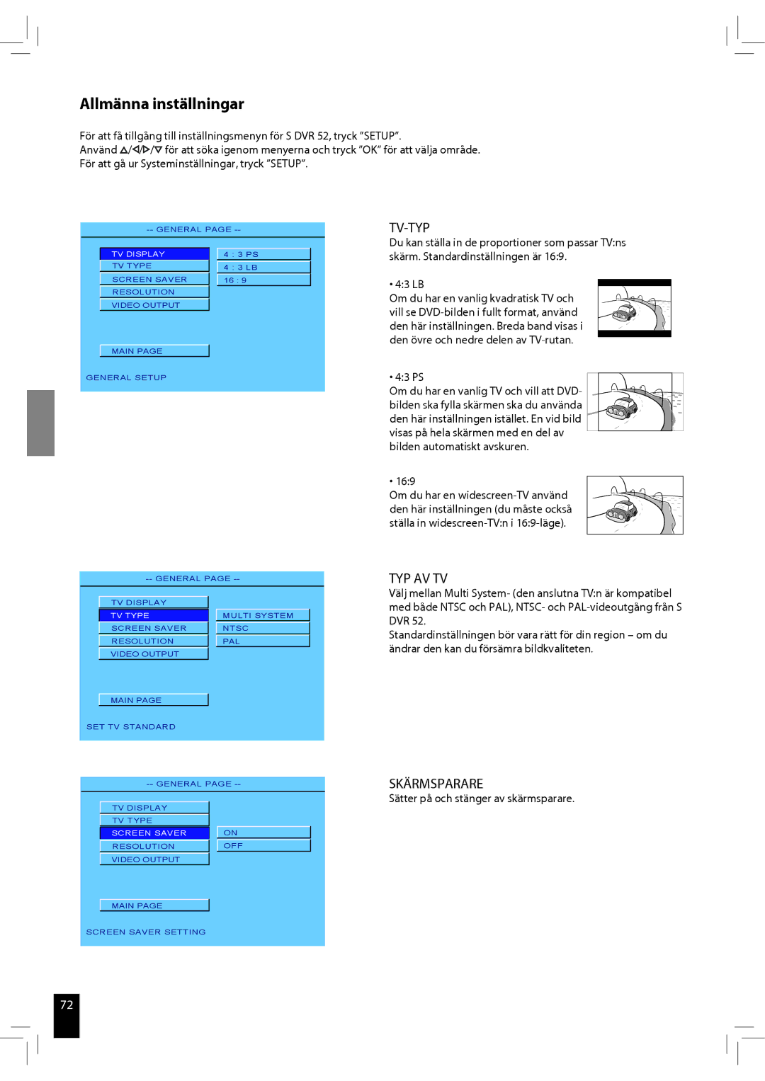 JAMO S 502 manual Allmänna inställningar, Tv-Typ, Typ Av Tv, Skärmsparare 