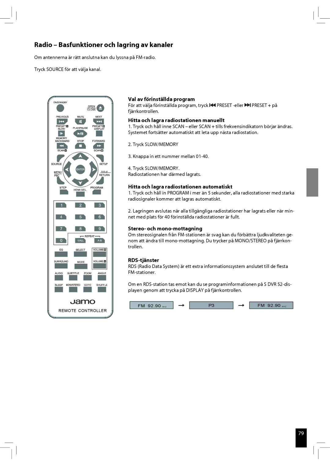 JAMO S 502 manual Radio Basfunktioner och lagring av kanaler, Hitta och lagra radiostationen manuellt 