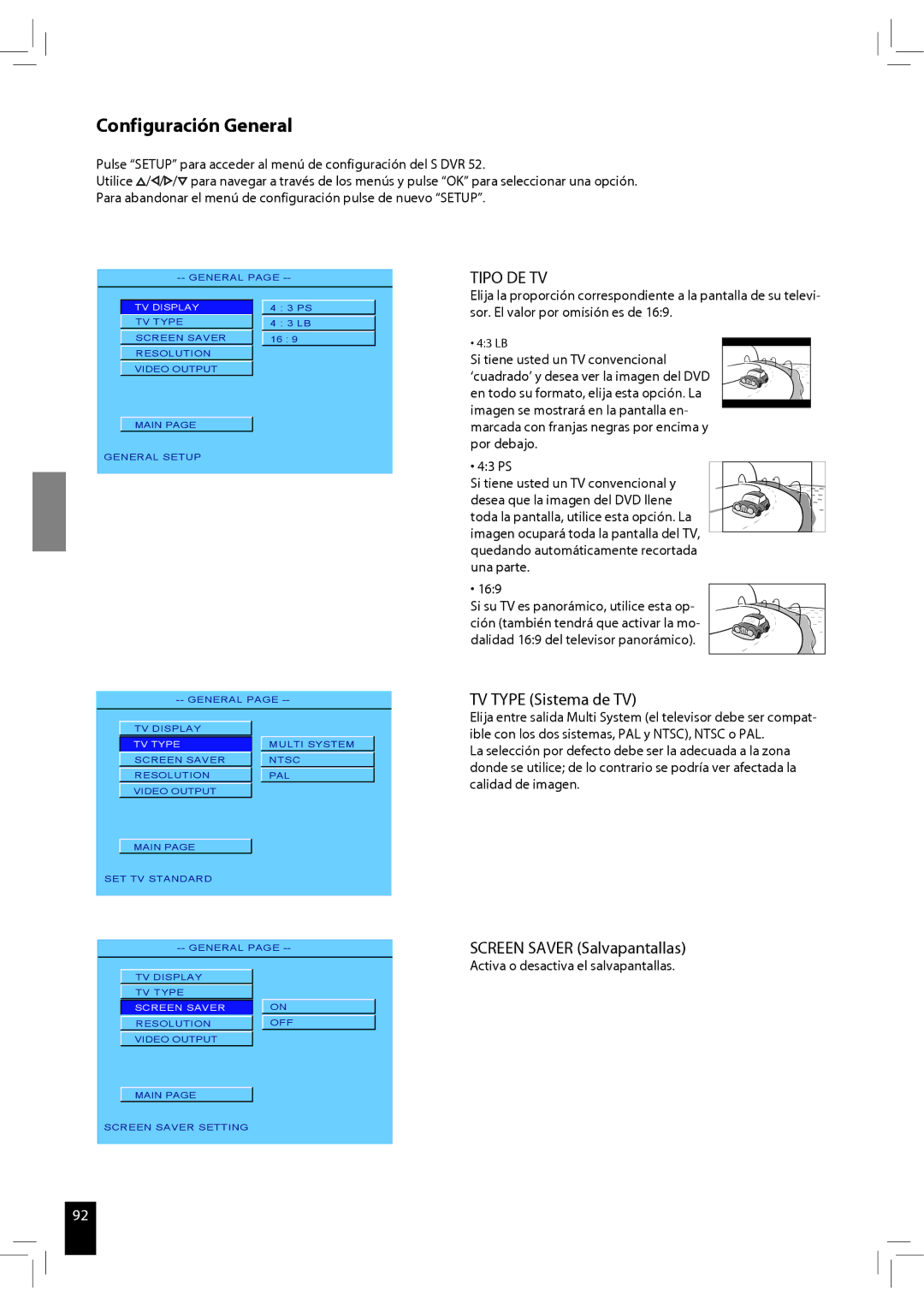 JAMO S 502 manual Configuración General, Tipo DE TV, TV Type Sistema de TV, Screen Saver Salvapantallas 