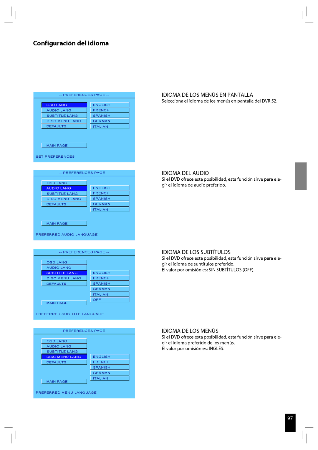 JAMO S 502 manual Configuración del idioma, Idioma DE LOS Menús EN Pantalla, Idioma DEL Audio, Idioma DE LOS Subtítulos 