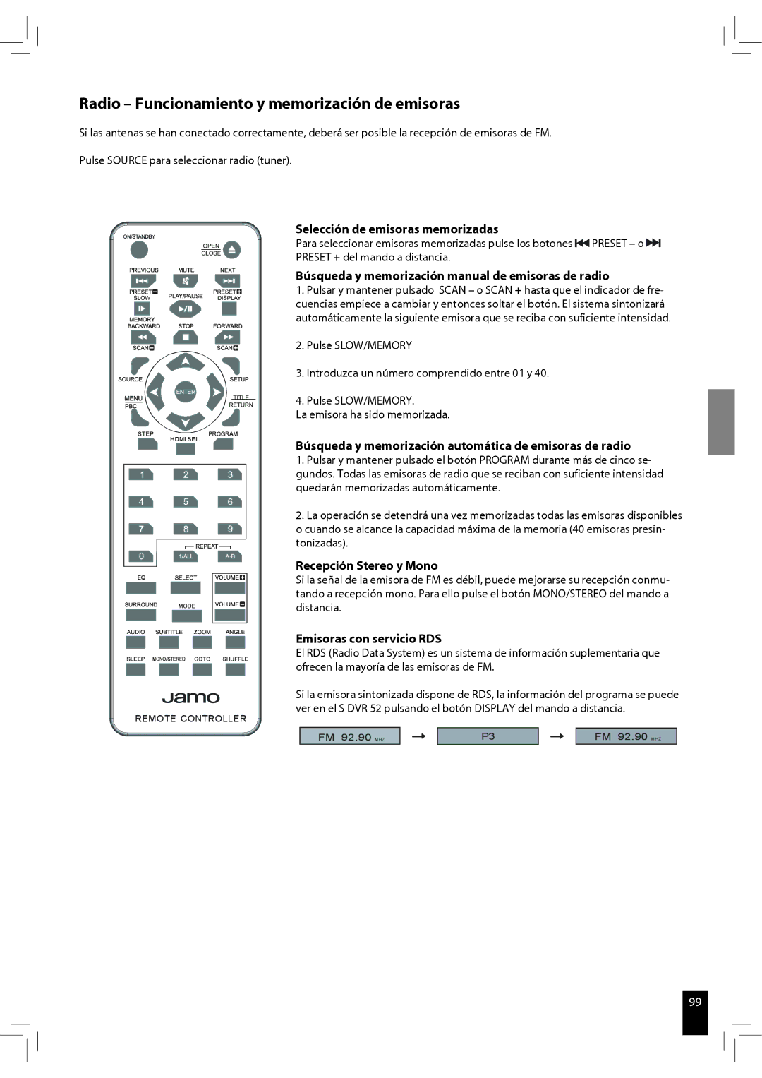 JAMO S 502 manual Radio Funcionamiento y memorización de emisoras, Selección de emisoras memorizadas 