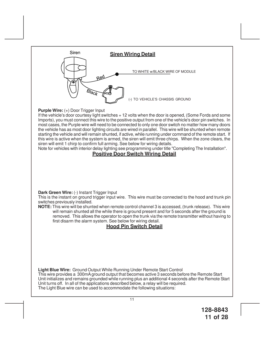 JAMO SS9000 installation manual Siren Wiring Detail, Positive Door Switch Wiring Detail, Hood Pin Switch Detail 