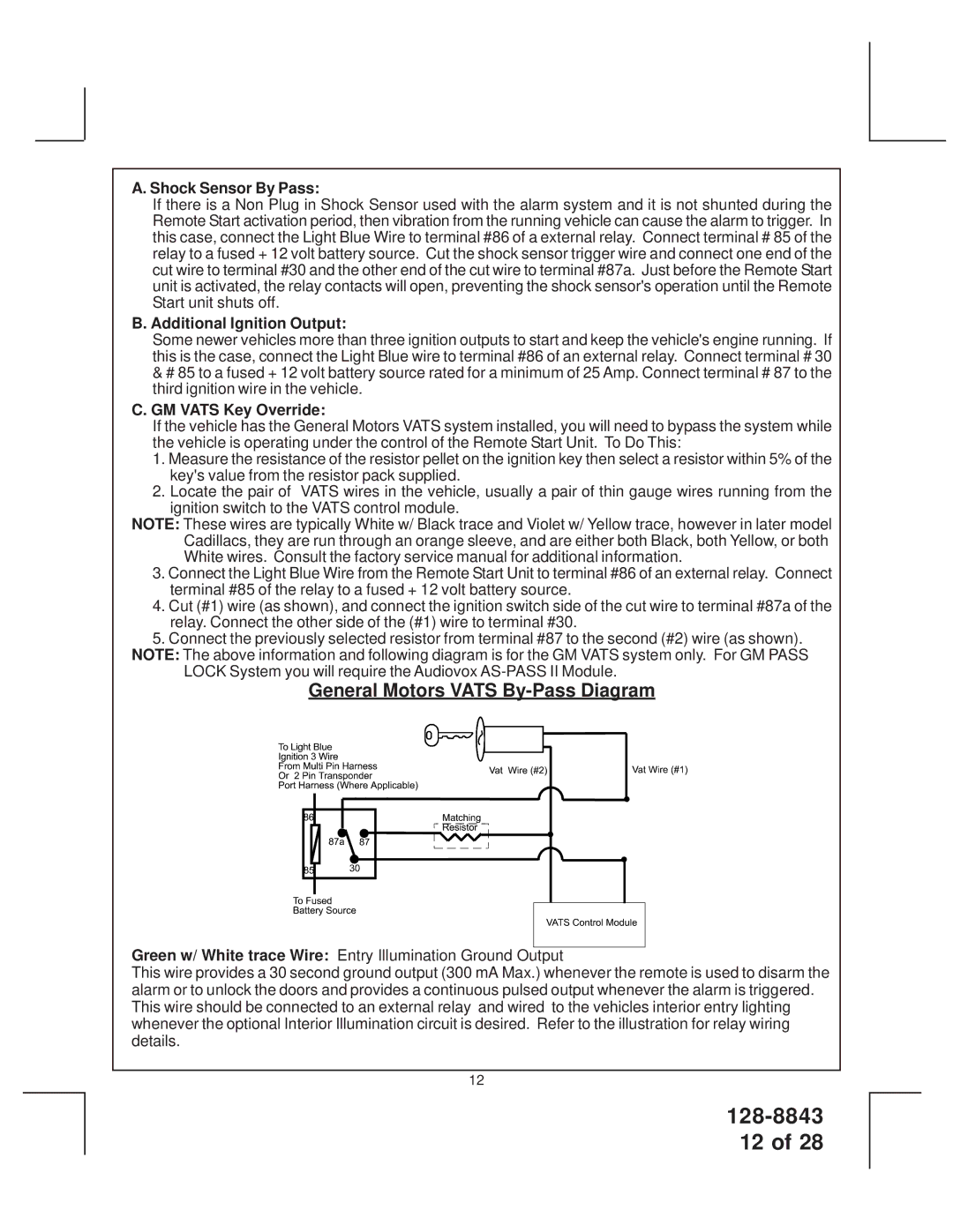 JAMO SS9000 General Motors Vats By-Pass Diagram, Shock Sensor By Pass, Additional Ignition Output, GM Vats Key Override 